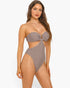 Beach Rose Co. Flora monokini swimsuit featuring a brown and white geometric print, U-ring front, and side cutouts.