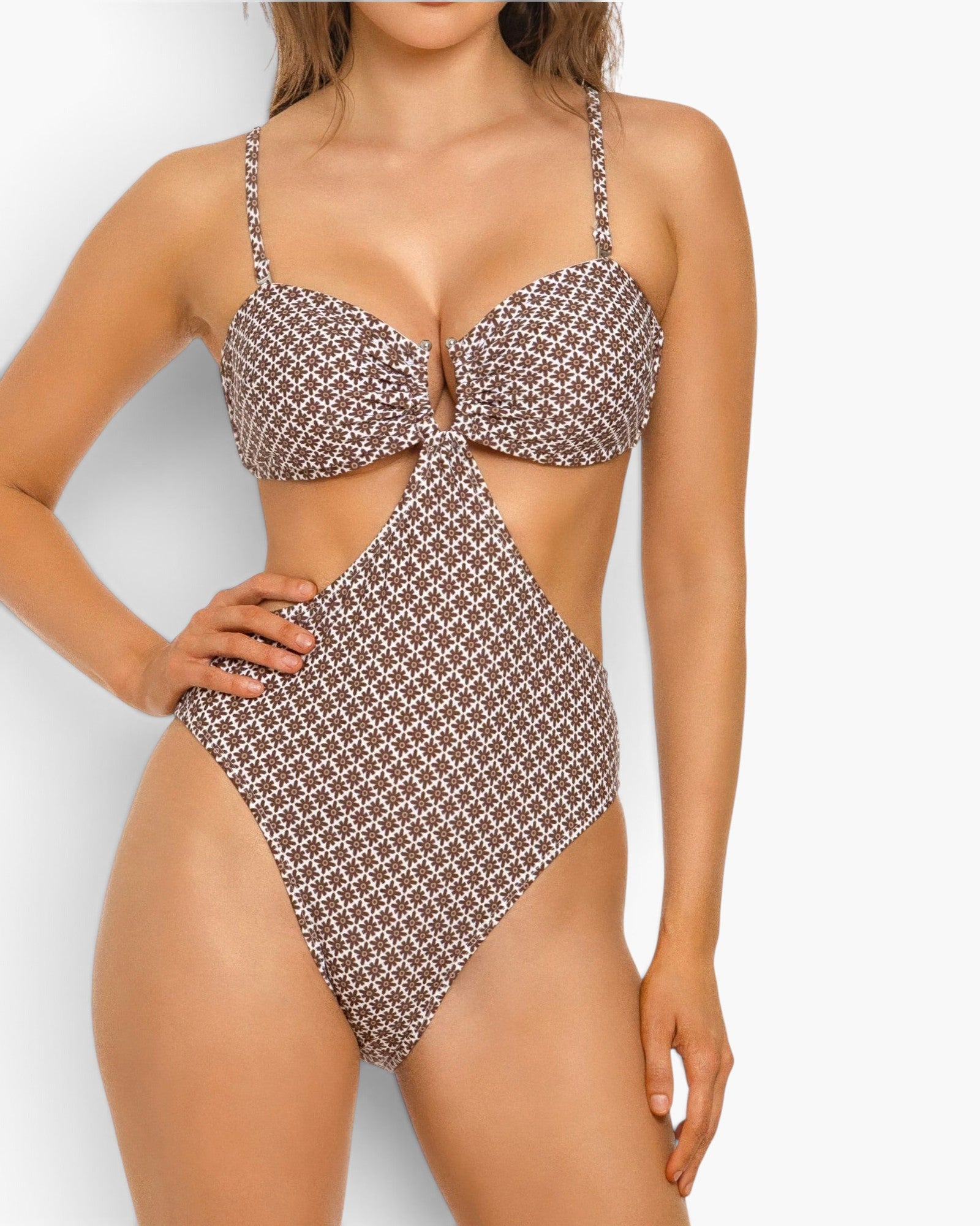 Beach Rose Co. Flora monokini swimsuit in brown with a white floral pattern, featuring side cutouts and a U-ring front