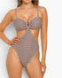 Beach Rose Co. Flora monokini swimsuit in brown with a white floral pattern, featuring side cutouts and a U-ring front