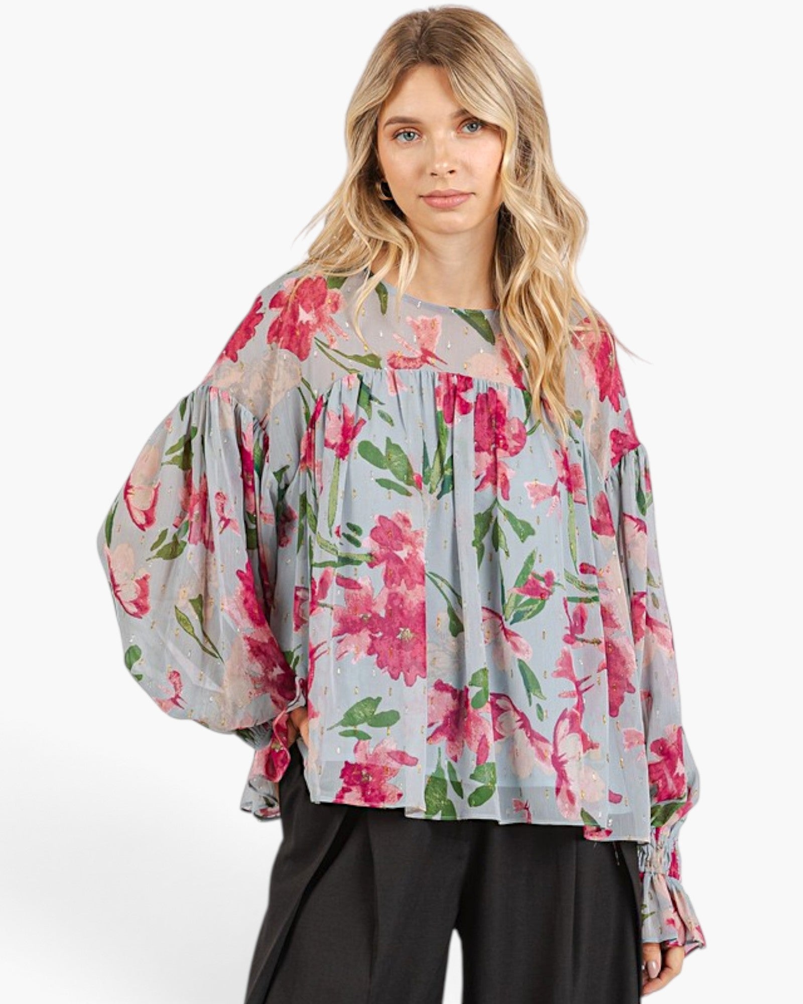 Beach Rose Co. light blue blouse with pink floral print, balloon sleeves, and smocked ruffle cuffs.