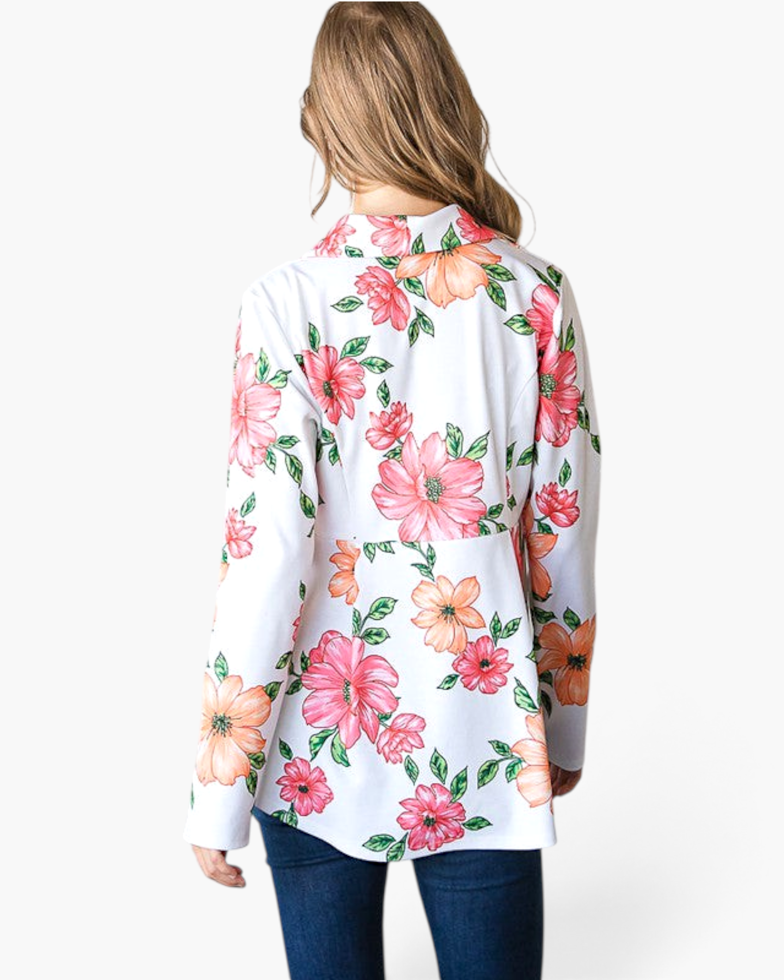 Back view of Beach Rose Co. white blazer with pink, coral, and peach floral print and high-low hem