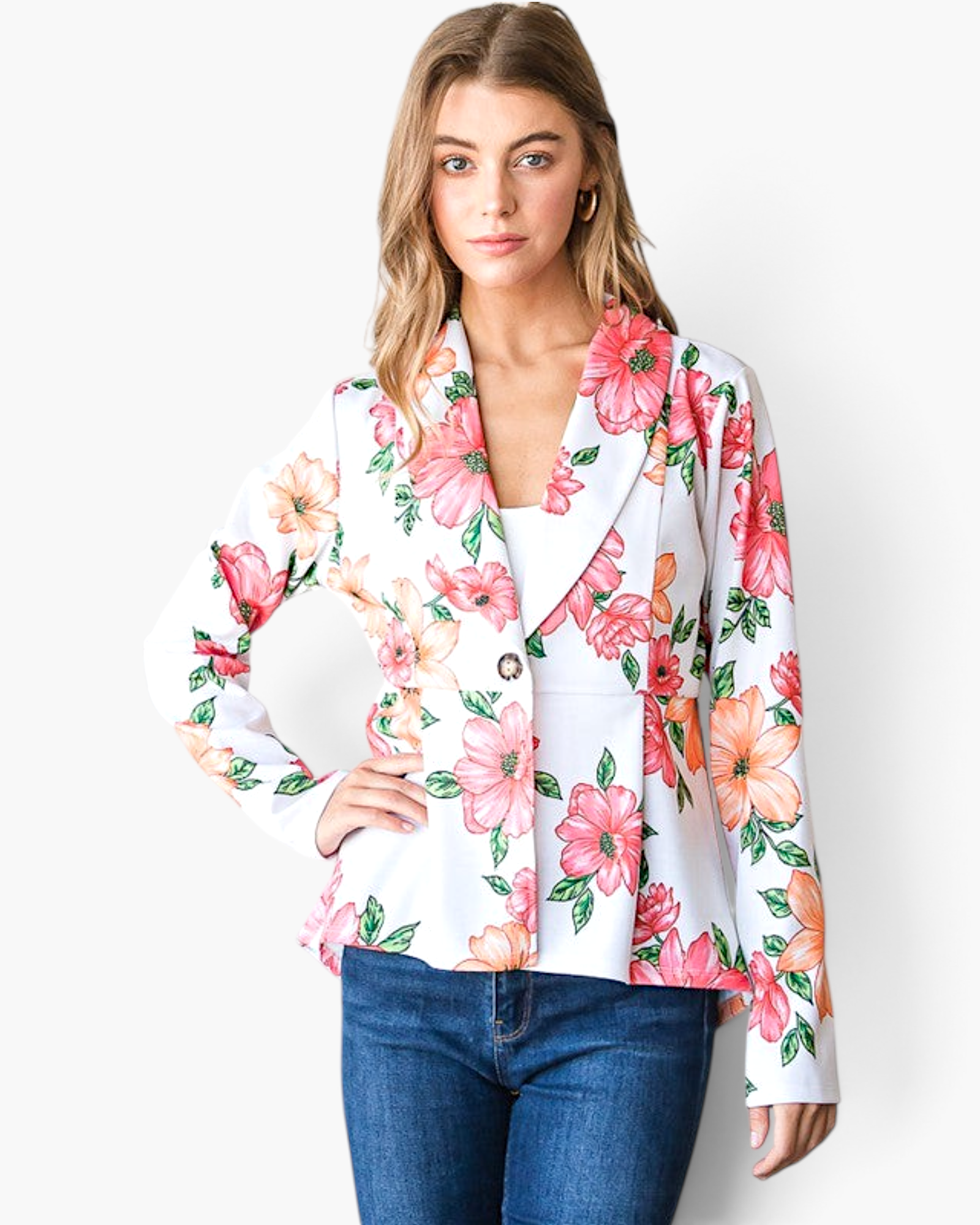 Beach Rose Co. white blazer with pink and peach floral print, notched lapels, and a single-button tailored fit.