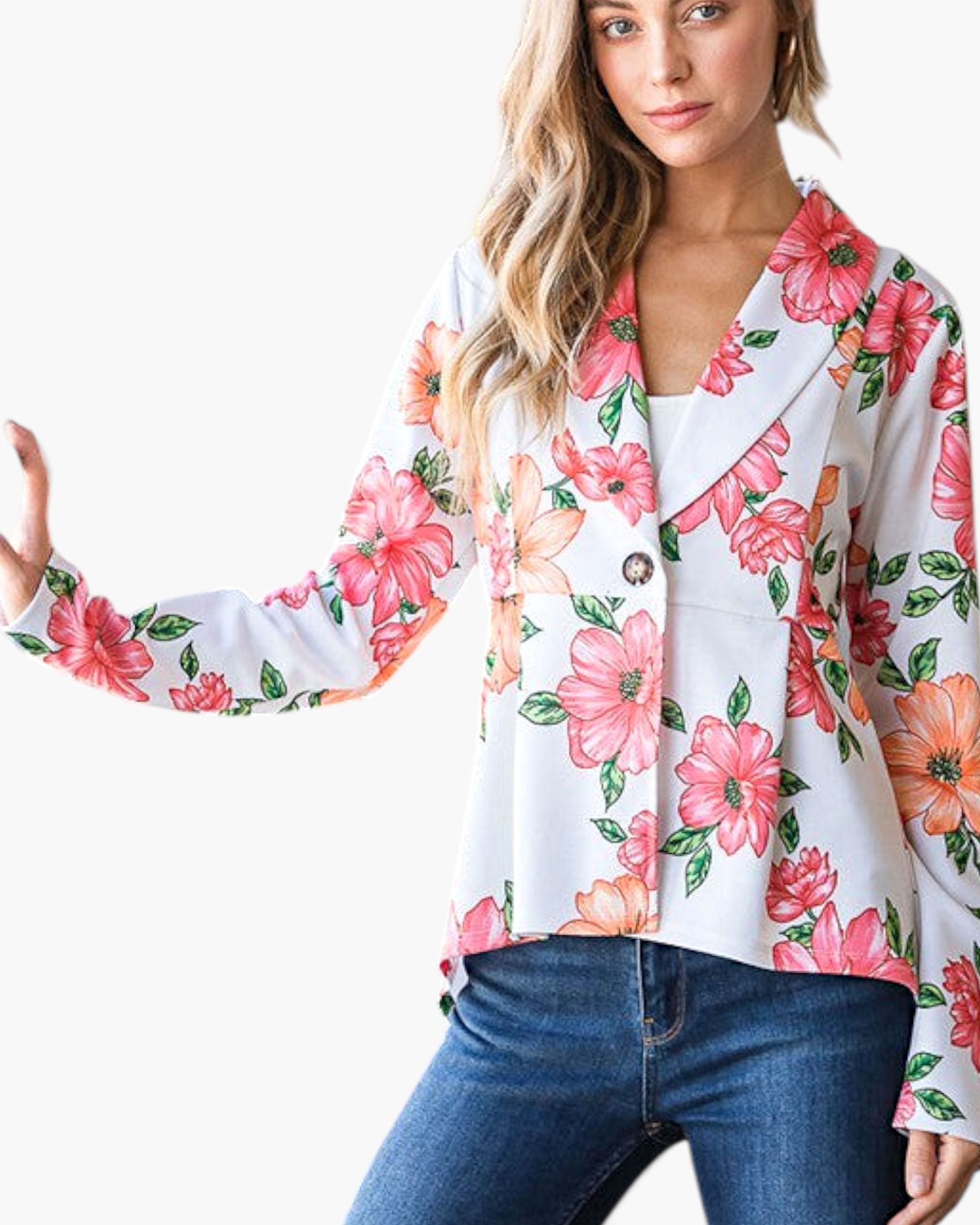 Beach Rose Co. white blazer with pink and peach floral print, notched lapels, and a single-button high-low hem.