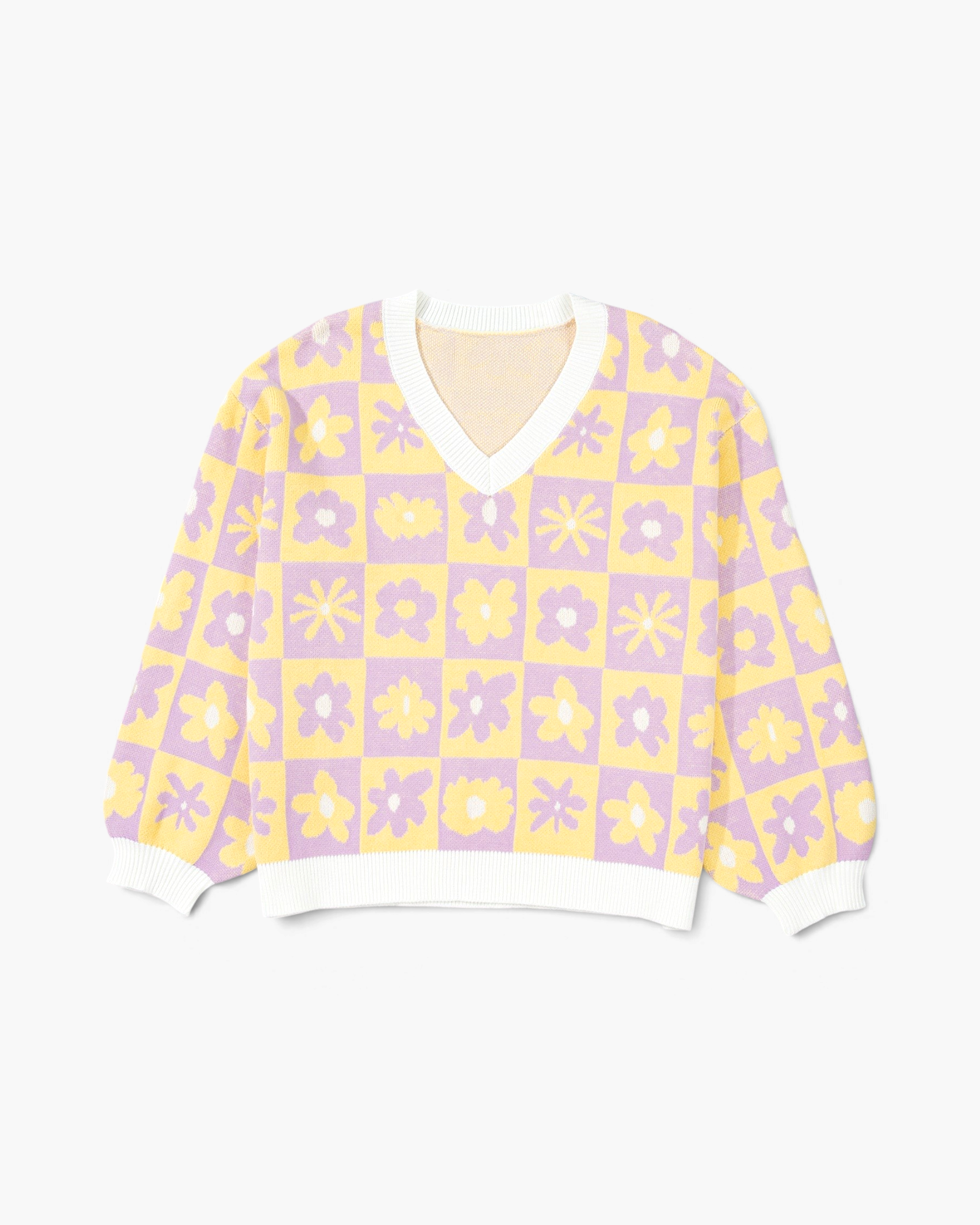 Beach Rose Co. plus size lavender and yellow floral checkerboard V-neck sweater with white ribbed trim.