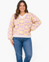 Beach Rose Co. plus size lavender and yellow floral checkerboard V-neck sweater with balloon sleeves and white trim.