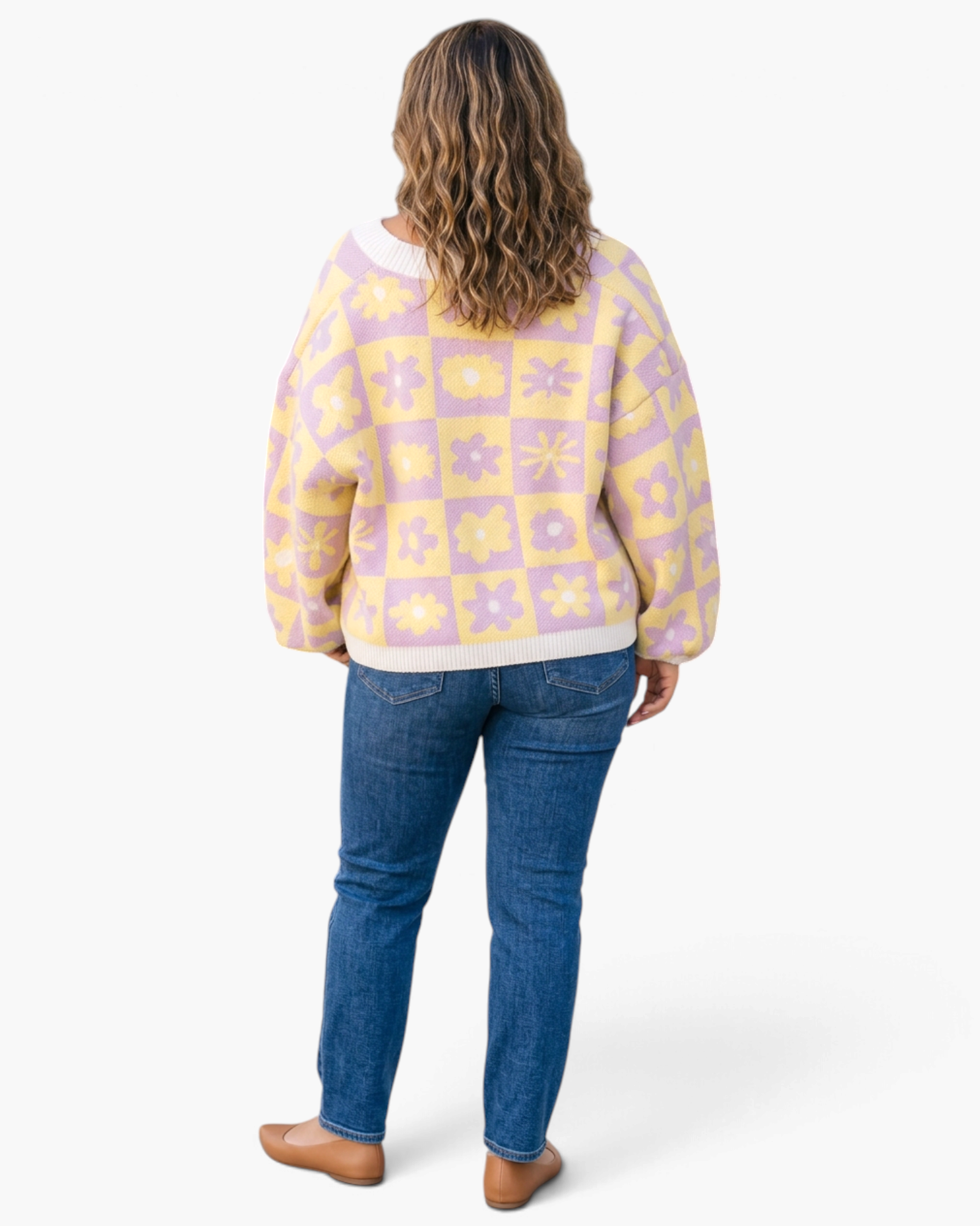 Beach Rose Co. plus size lavender and yellow floral checkerboard sweater with balloon sleeves, back view