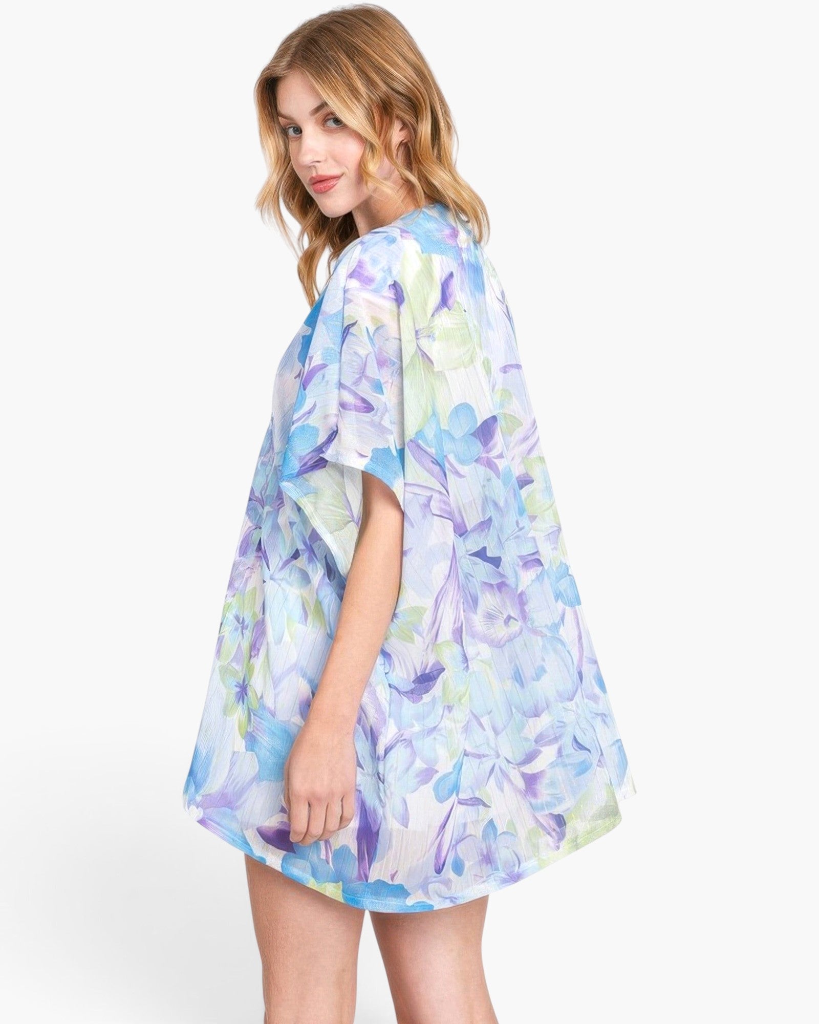 Beach Rose Co. floral print cover-up in blue and purple, worn by a model in a side view against a white background.