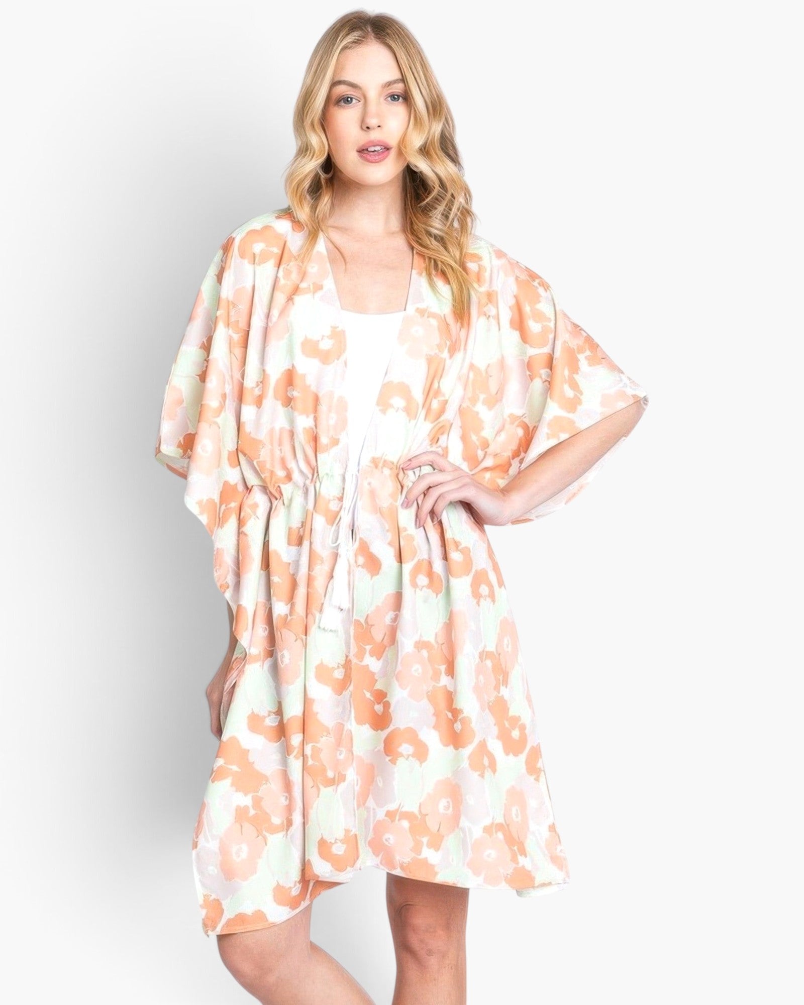 Beach Rose Co. floral print polyester open front cover-up with a self-tie drawstring waist worn by a blonde model.