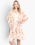 Beach Rose Co. floral print polyester open front cover-up with a self-tie drawstring waist worn by a blonde model.
