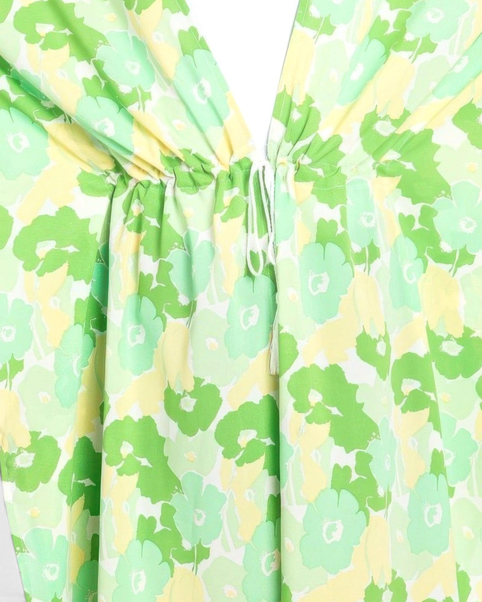 Beach Rose Co. open-front cover-up in lightweight polyester with a green and yellow floral print and drawstring waist.