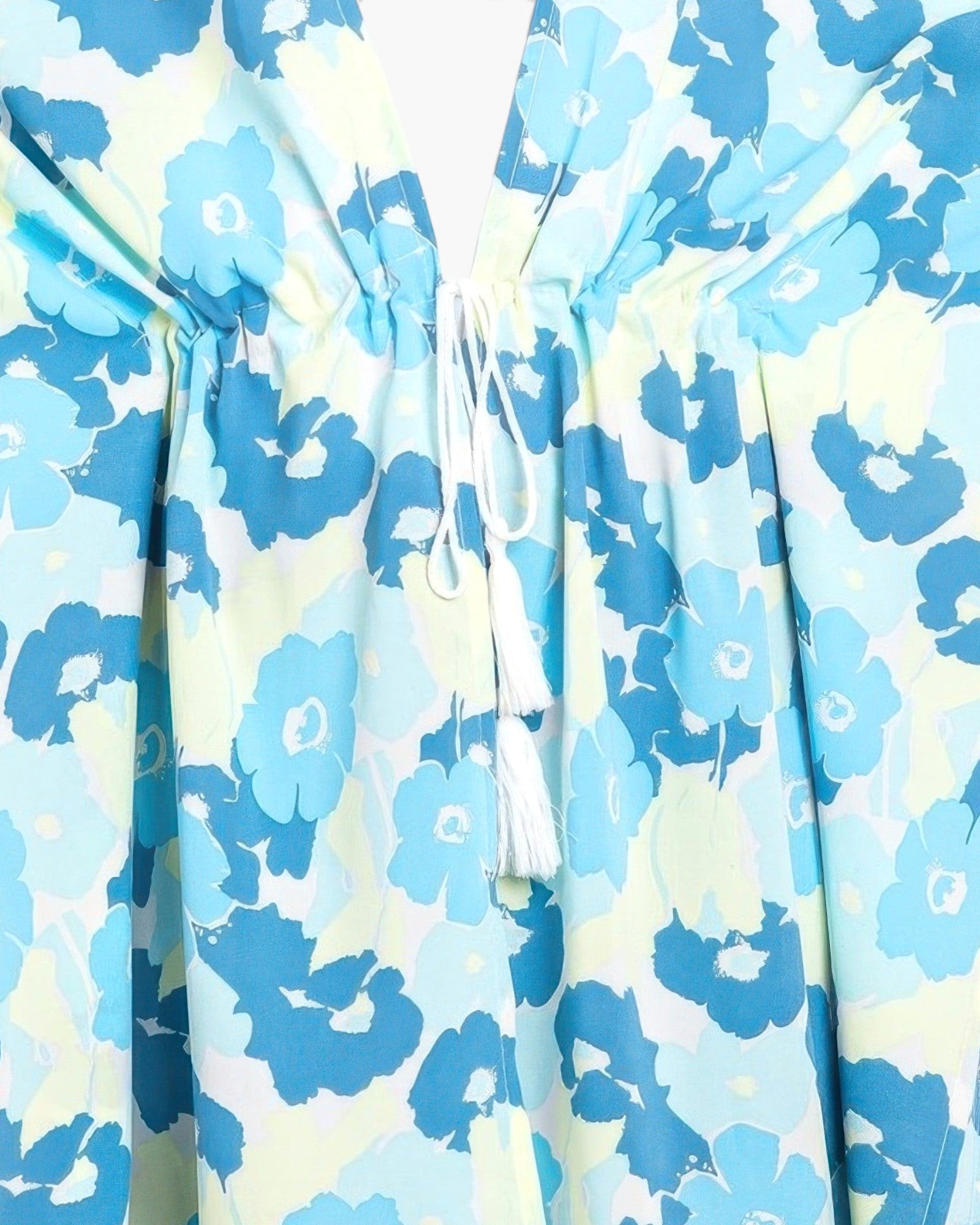 Beach Rose Co. floral print open front cover-up with a white drawstring waist tie in blue and pale yellow polyester.