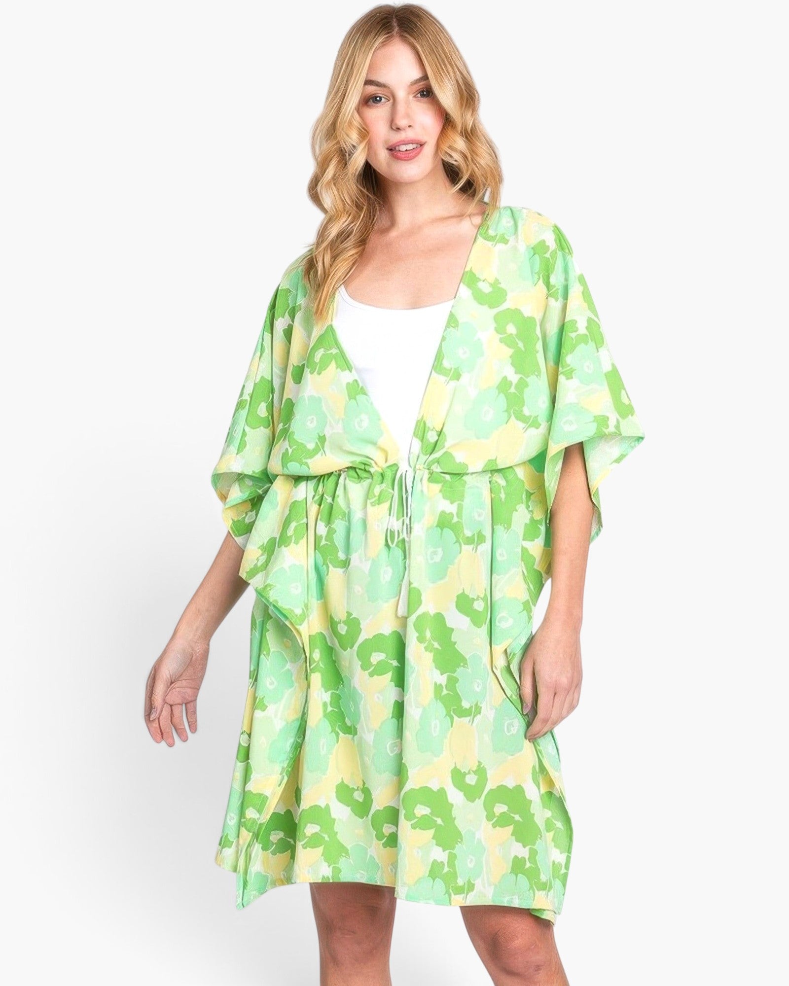 Beach Rose Co. floral print open-front cover-up in green and yellow with a drawstring waist worn by a blonde model