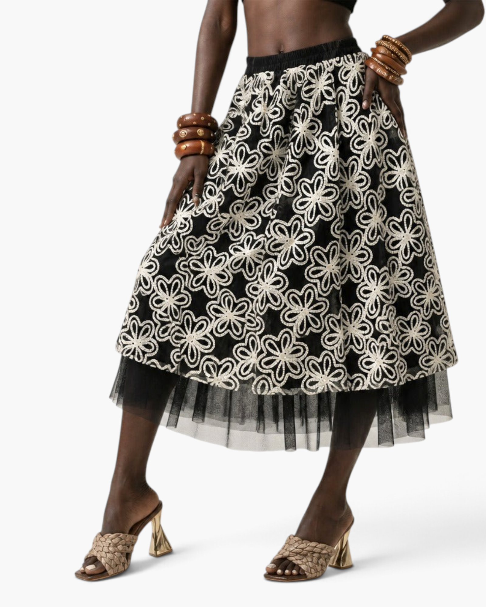 Beach Rose Co. black midi skirt featuring white floral embroidery and a sheer black tulle hem on a model.