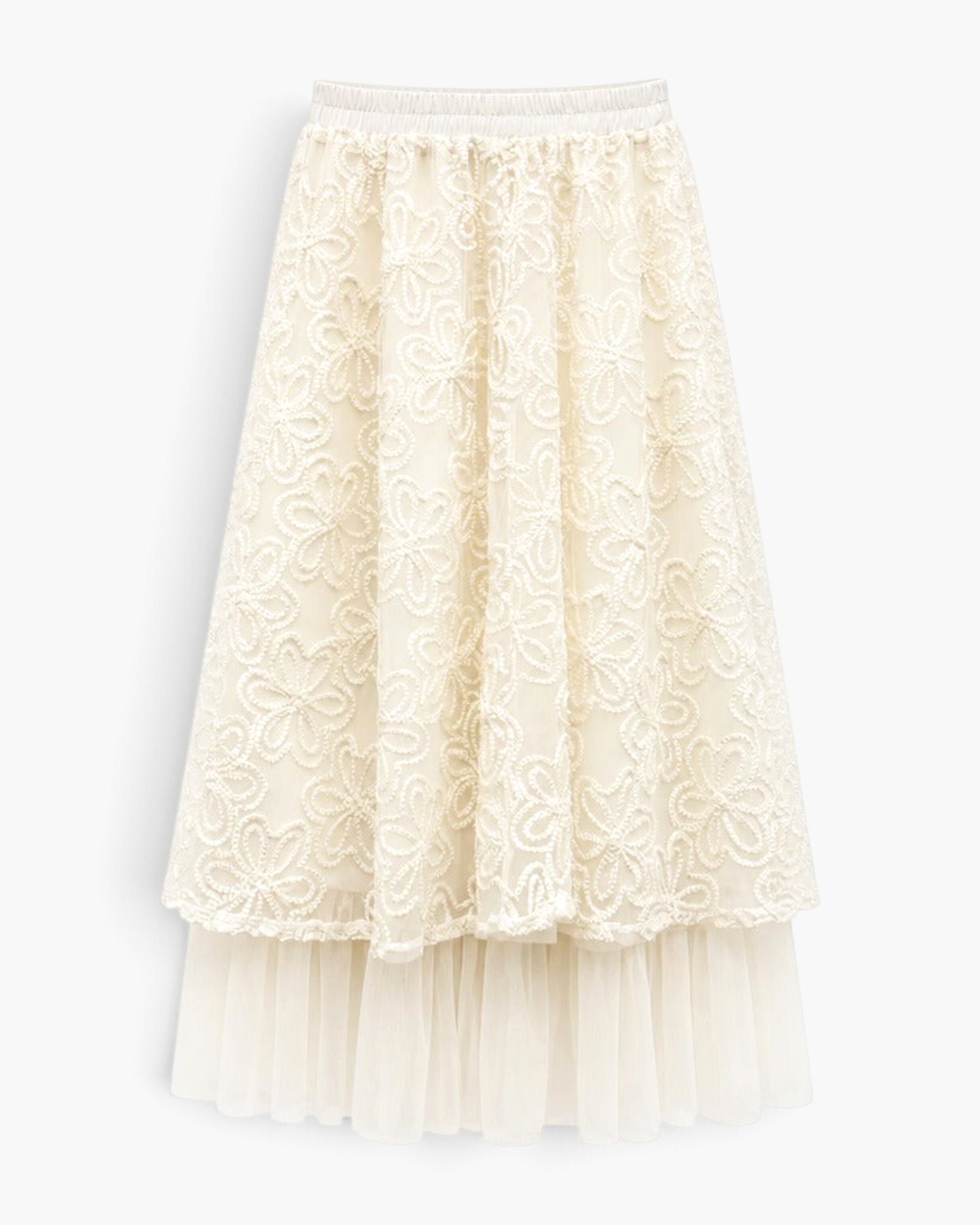 Beach Rose Co. cream midi skirt featuring oversized floral embroidery and a layered sheer tulle hem with elastic waist.