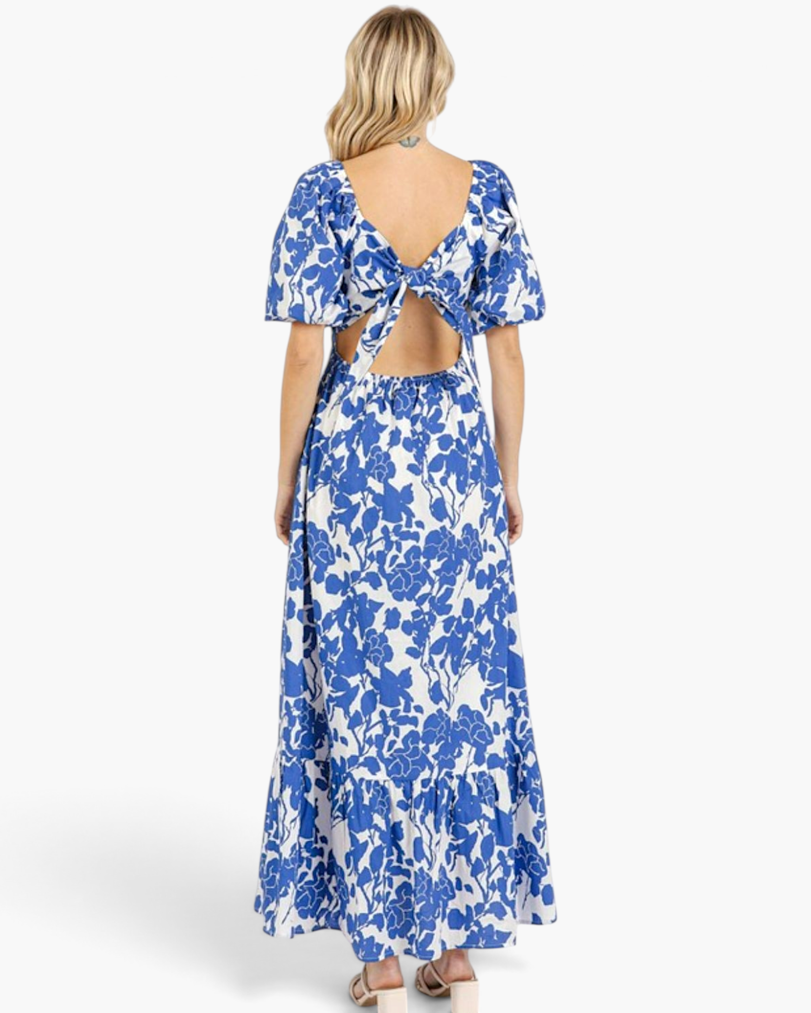 Beach Rose Co. royal blue and white floral cotton maxi dress with puff sleeves and open back tie detail