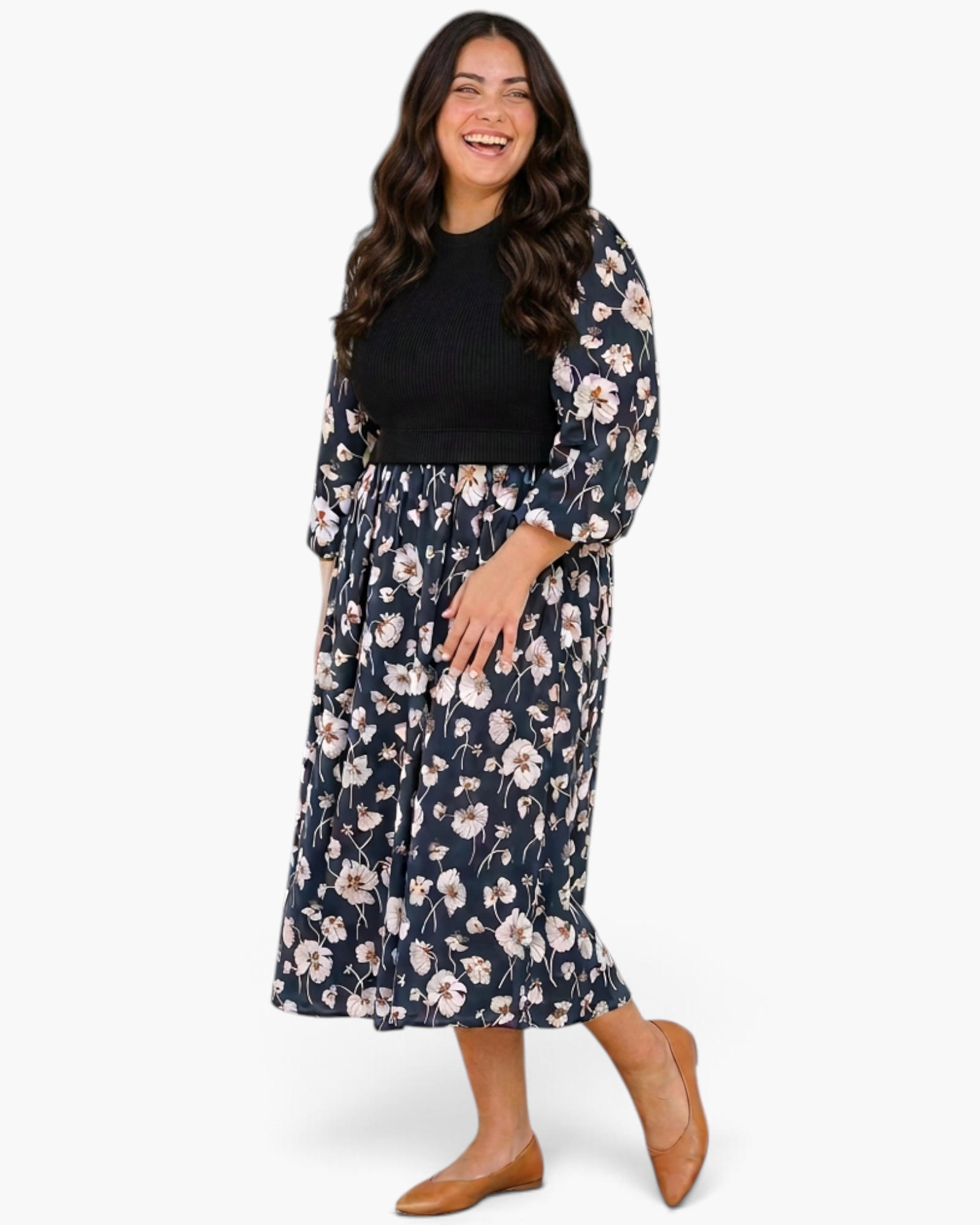 Beach Rose Co. plus size midi dress with black ribbed bodice and navy floral skirt with three-quarter balloon sleeves