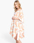 Beach Rose Co. floral print open-front cover-up in lightweight polyester with a self-tie waist on a blonde model