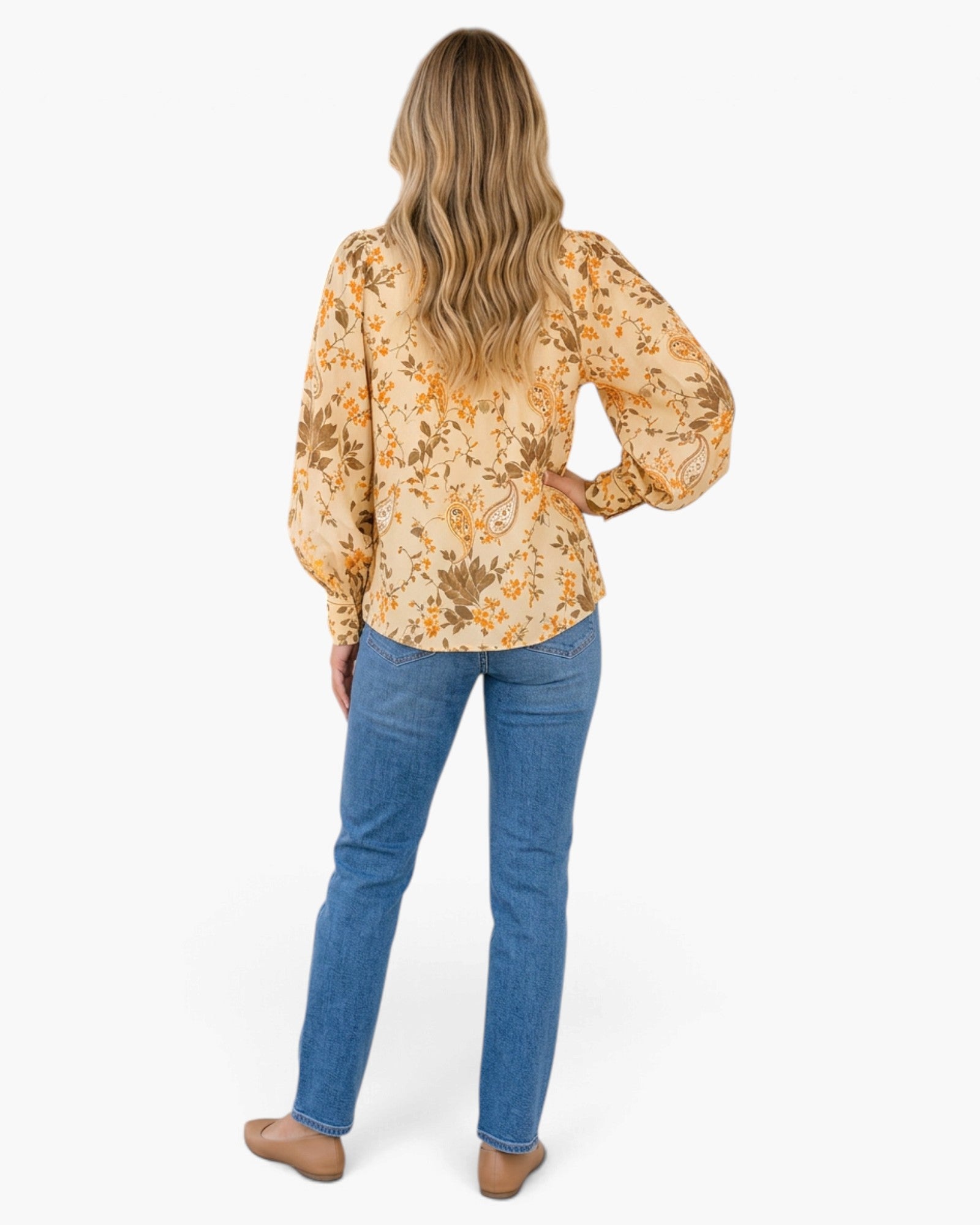 Cream & Brown Floral Paisley Tie-Neck Blouse