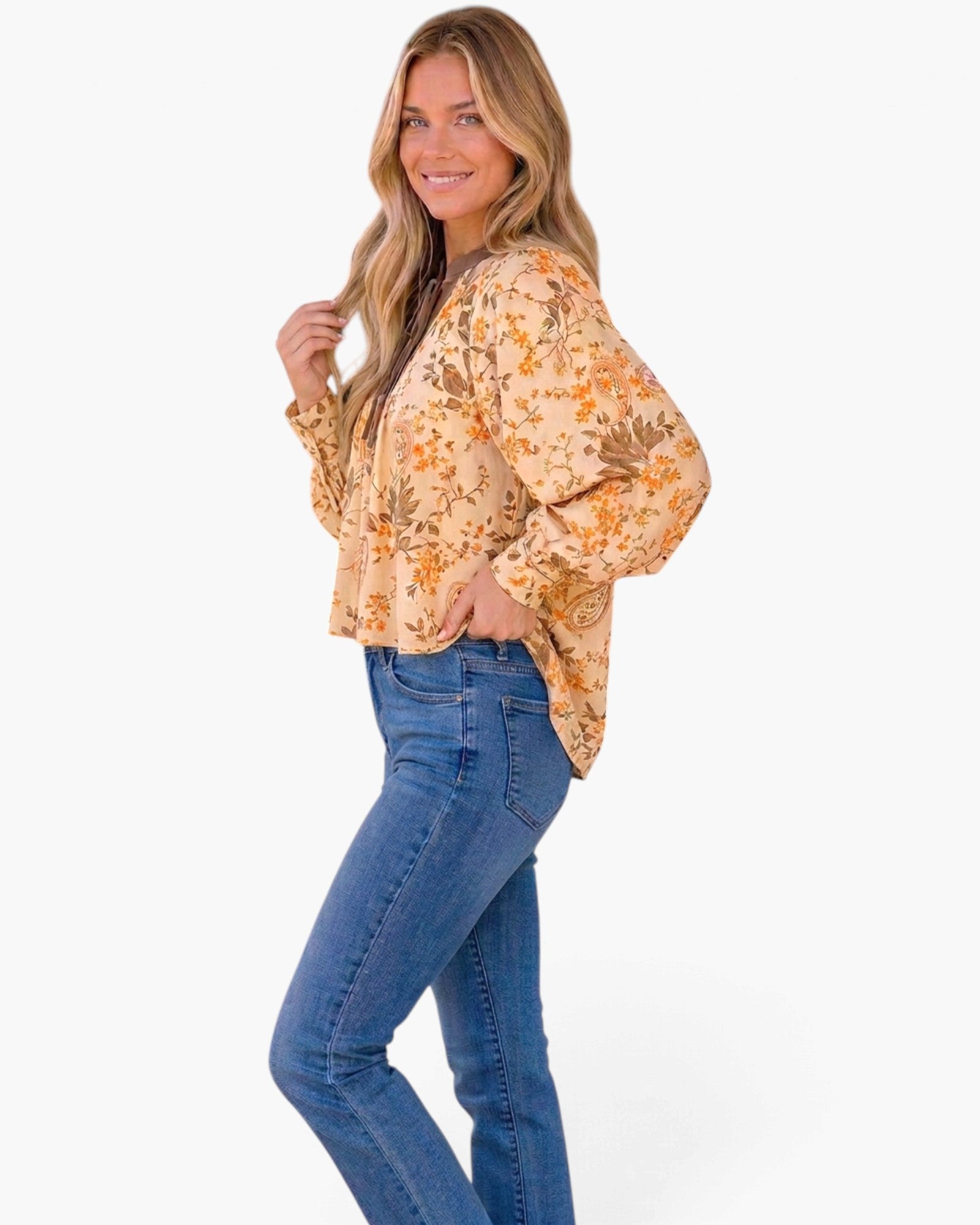 Cream & Brown Floral Paisley Tie-Neck Blouse