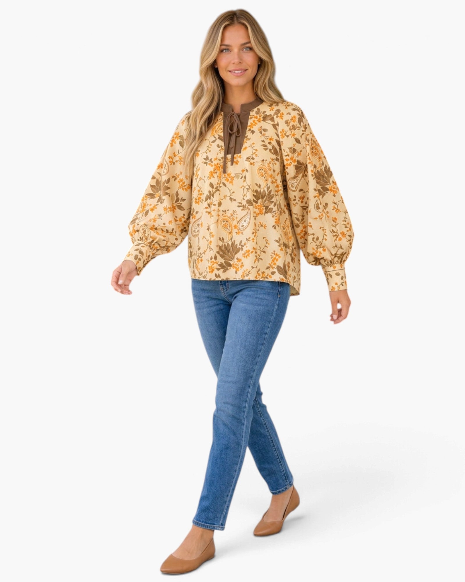 Cream & Brown Floral Paisley Tie-Neck Blouse