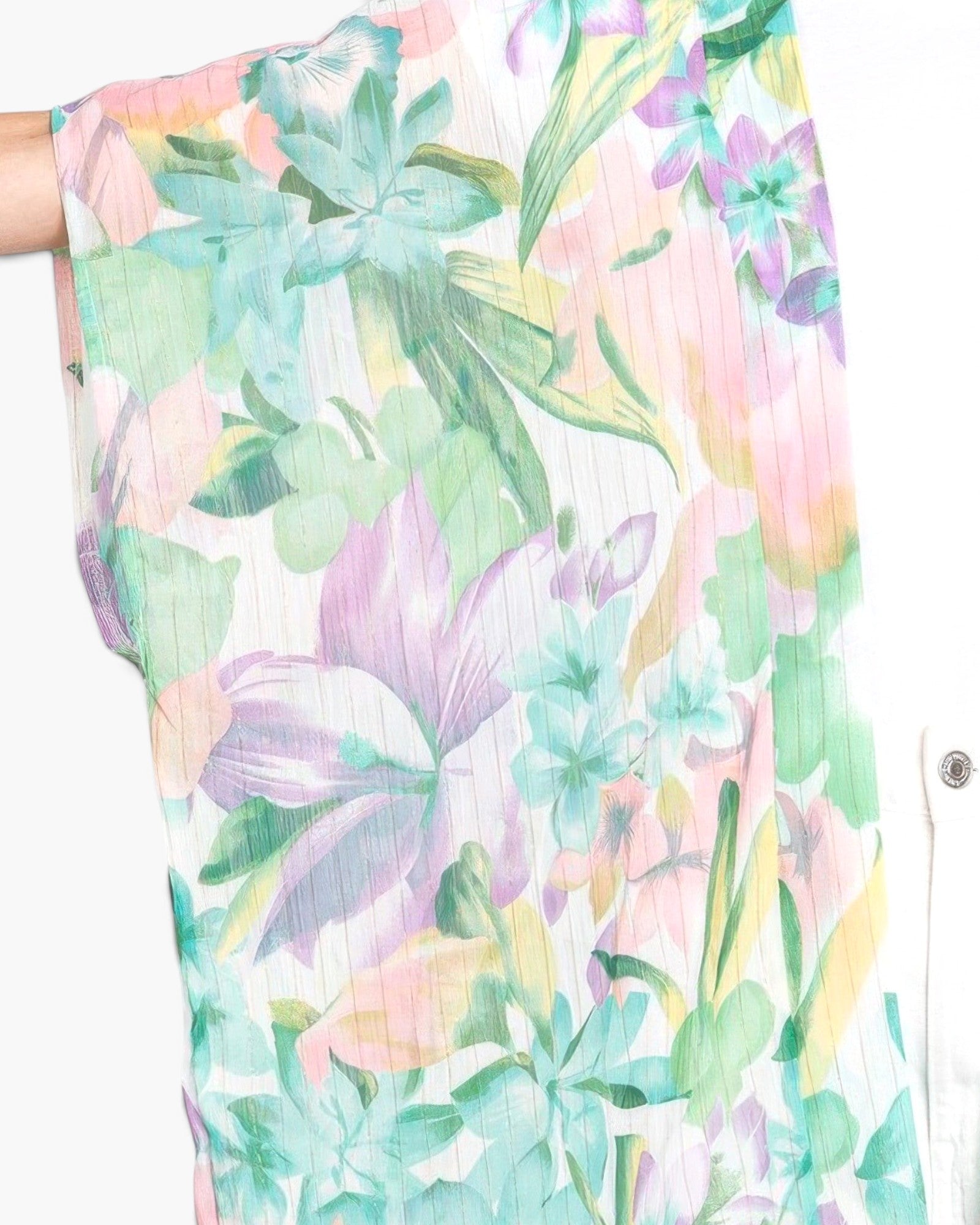 Beach Rose Co. floral print cover-up in lightweight polyester with pastel botanical patterns and open front design.