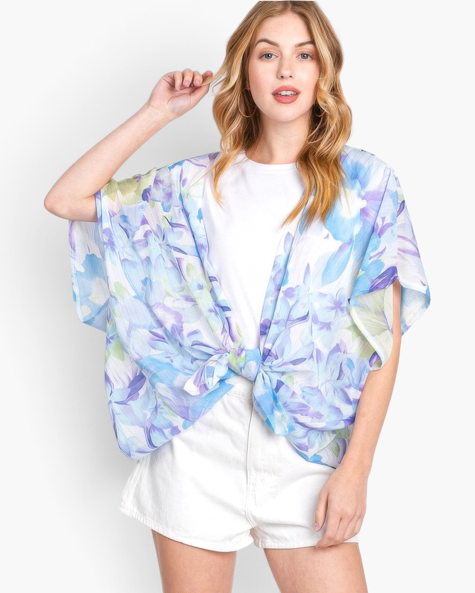 Beach Rose Co. floral print lightweight polyester cover-up worn over a white t-shirt and shorts