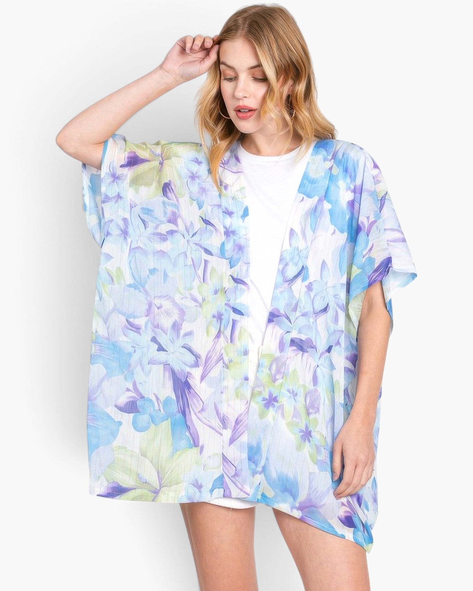 Beach Rose Co. floral print cover-up in blue and purple, worn by a blonde model over a white top against a white background