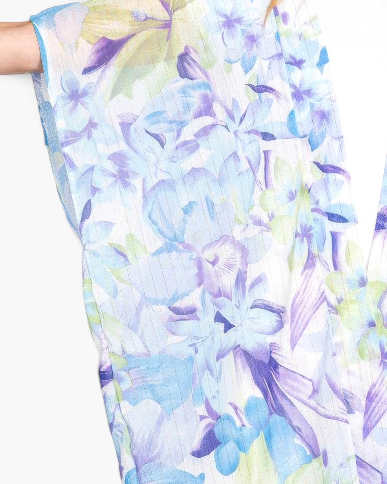 Beach Rose Co. lightweight polyester floral print cover-up in shades of blue and purple with a breezy draped fit.