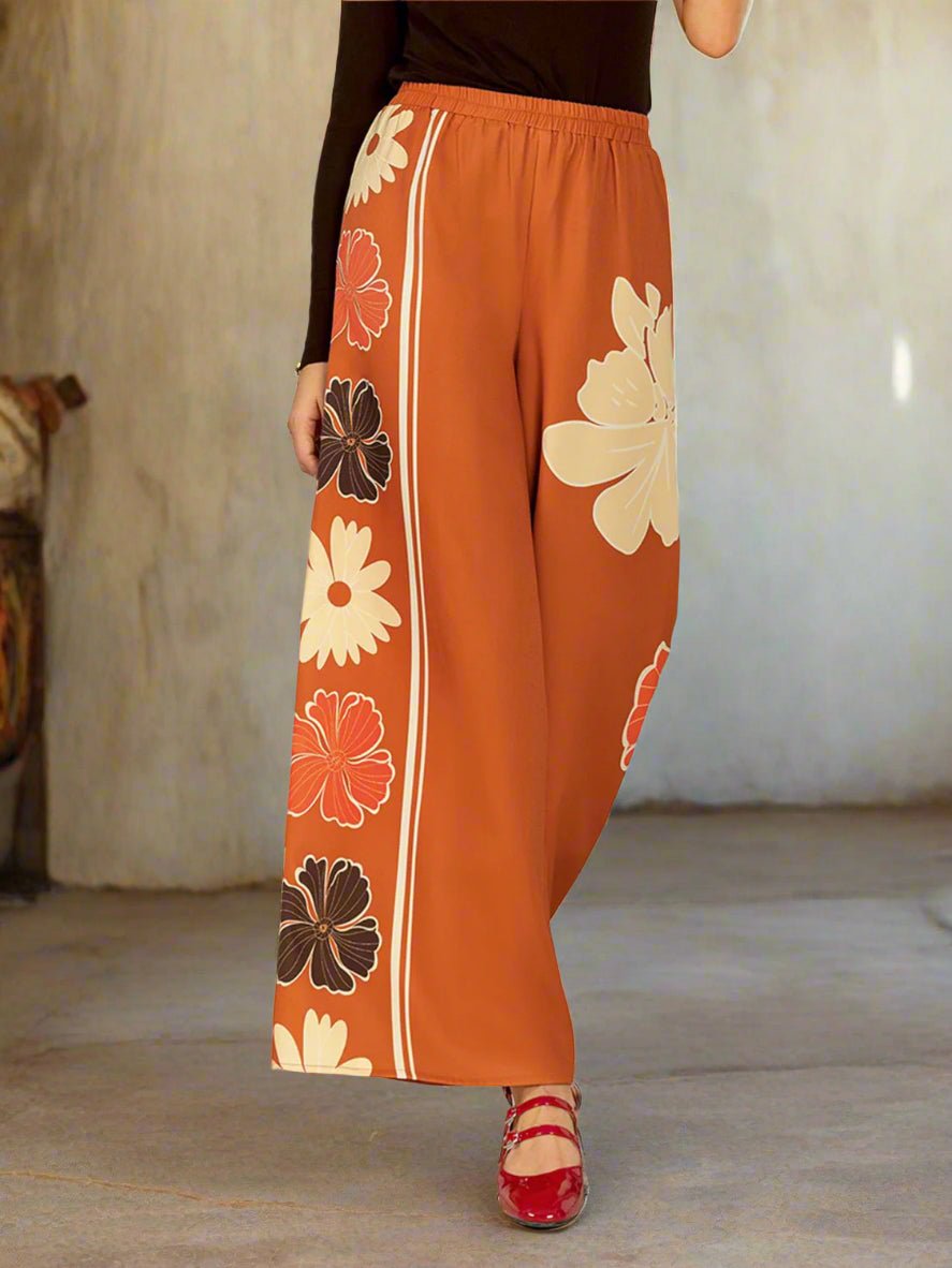 Beach Rose Co. - Floral Print Elastic Waist Wide Leg Pants in Tangerine