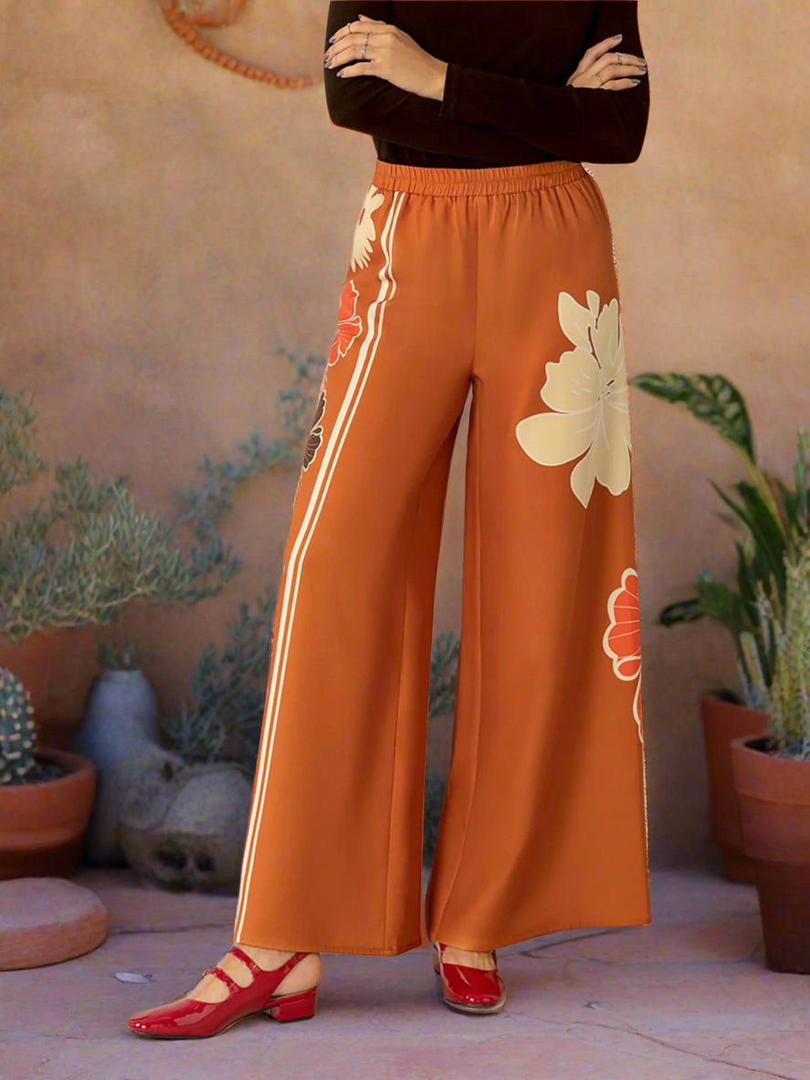 Beach Rose Co. - Floral Print Elastic Waist Wide Leg Pants in Tangerine