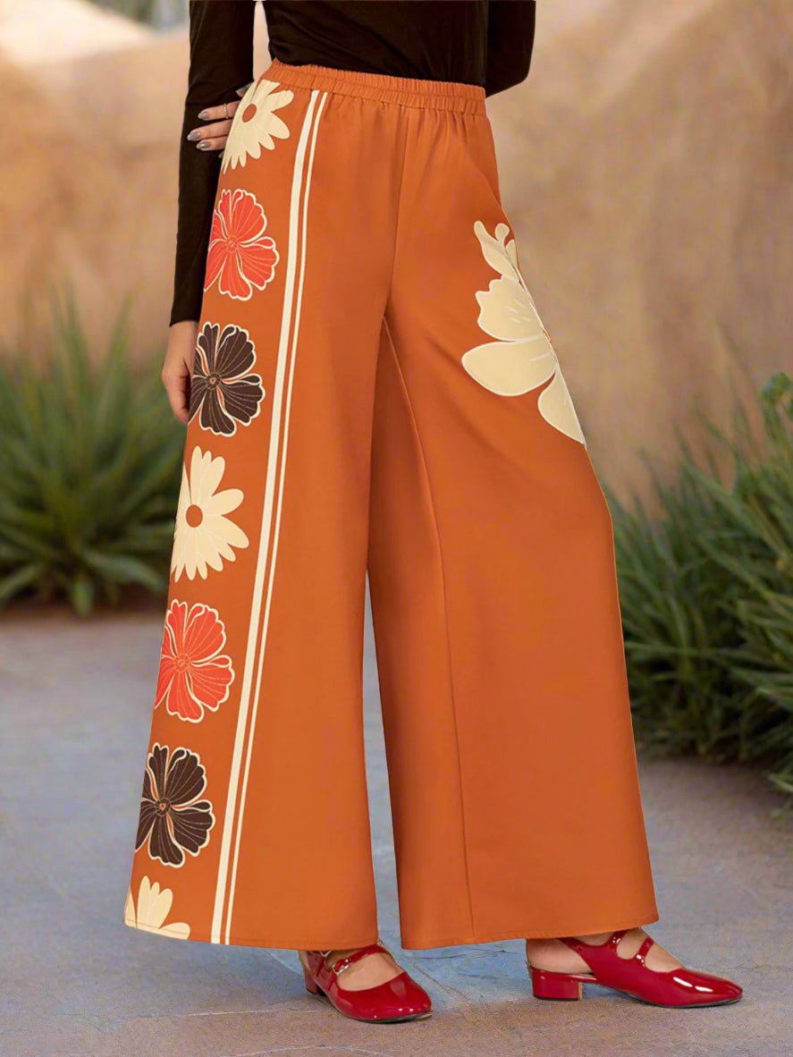 Beach Rose Co. - Floral Print Elastic Waist Wide Leg Pants in Tangerine