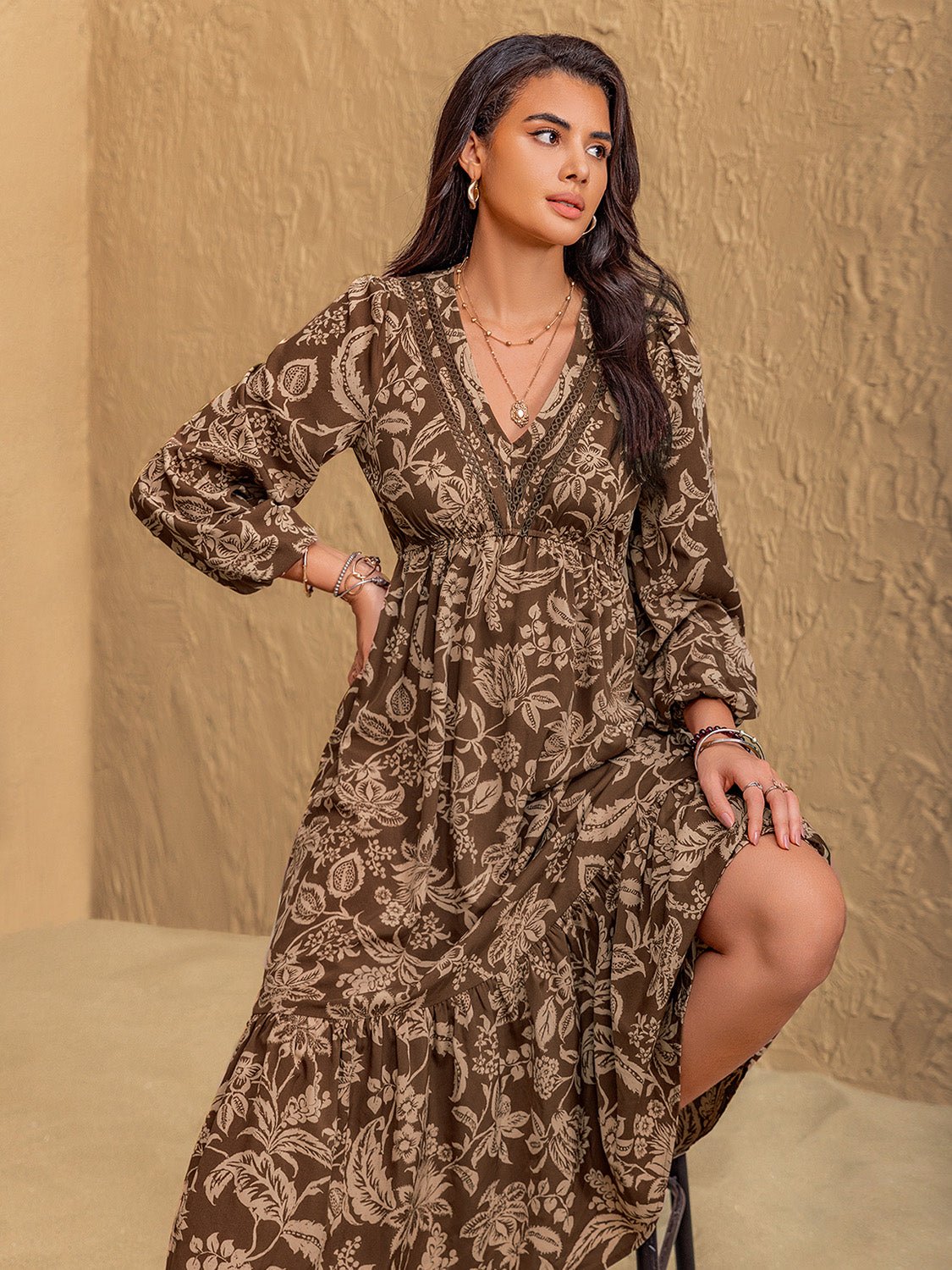 Beach Rose Co. - Floral Print Empire Waist Midi Dress in Taupe