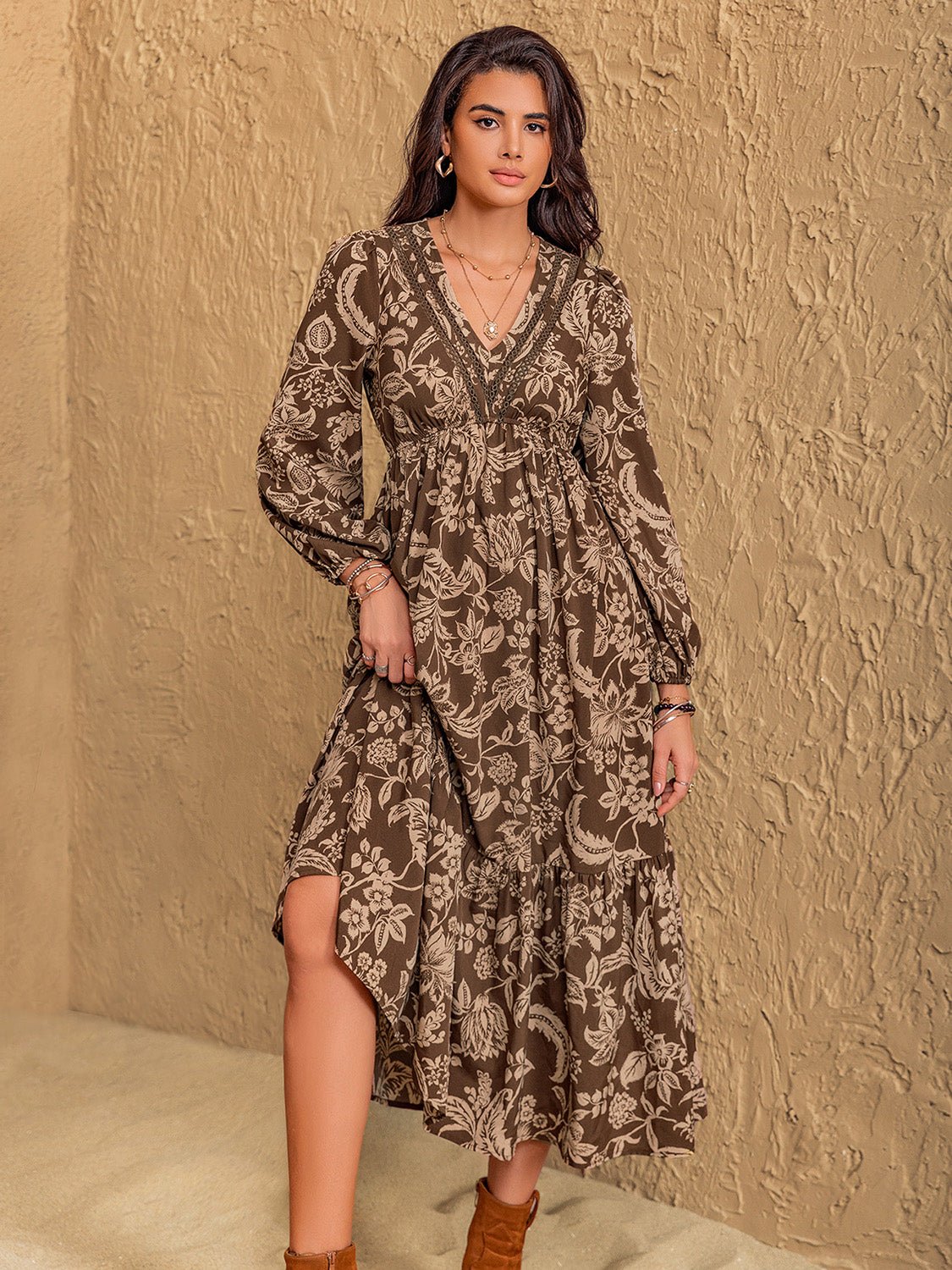 Beach Rose Co. - Floral Print Empire Waist Midi Dress in Taupe