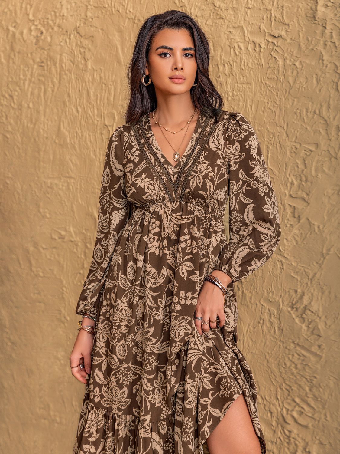 Beach Rose Co. - Floral Print Empire Waist Midi Dress in Taupe