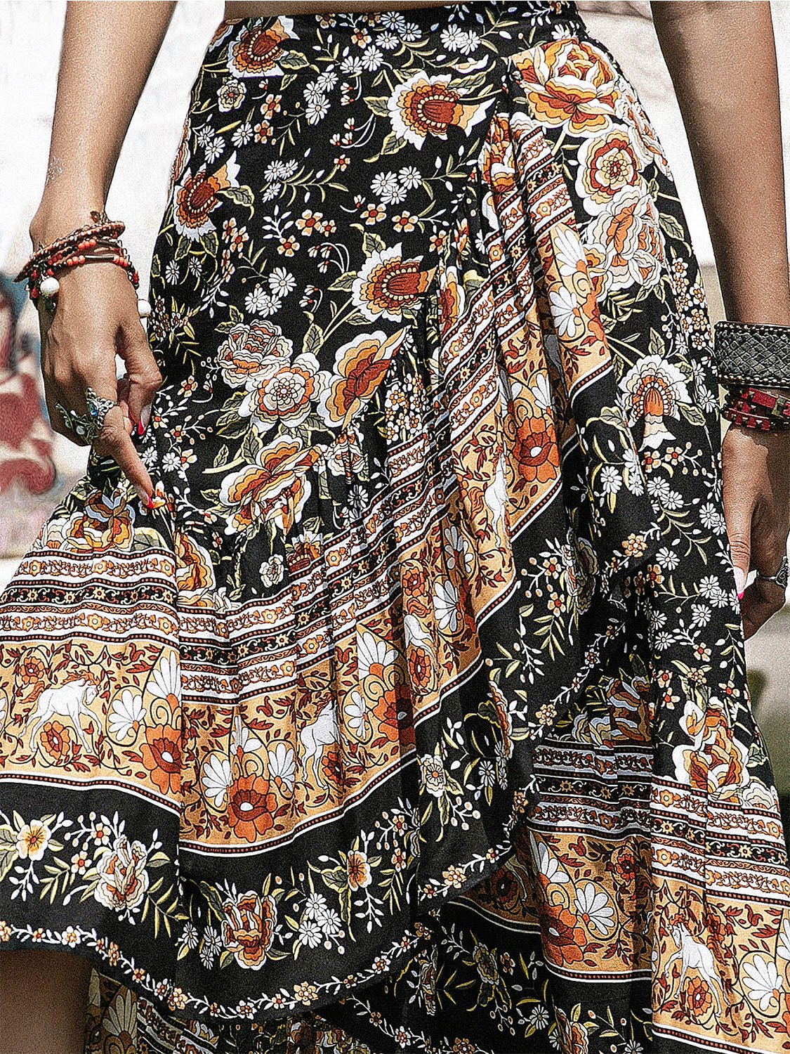 Beach Rose Co. - Floral Print High - Low Ruffle Hem Maxi Skirt