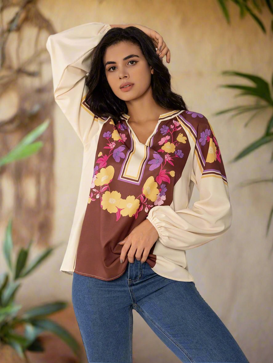 Beach Rose Co. - Floral Print Long Sleeve Blouse