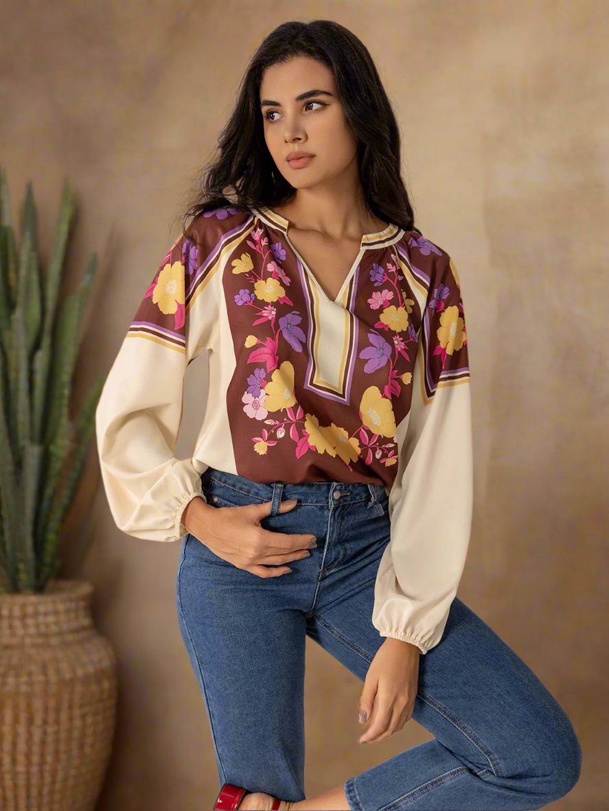 Beach Rose Co. - Floral Print Long Sleeve Blouse