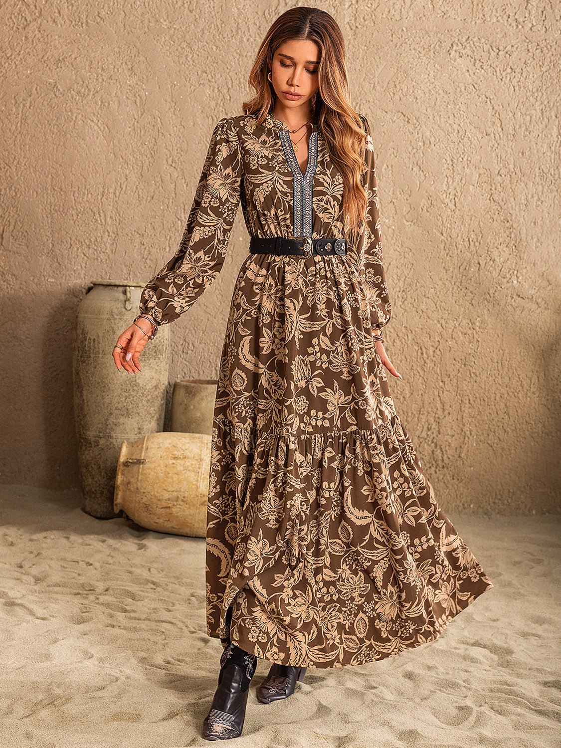 Beach Rose Co. - Floral Print Long Sleeve Maxi Dress in Taupe