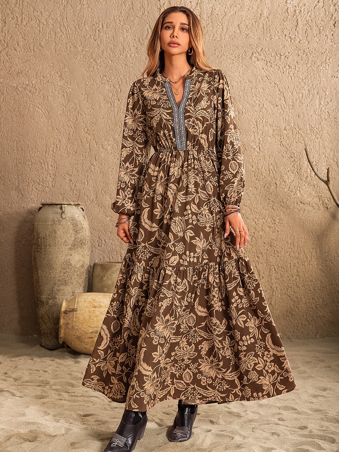 Beach Rose Co. - Floral Print Long Sleeve Maxi Dress in Taupe