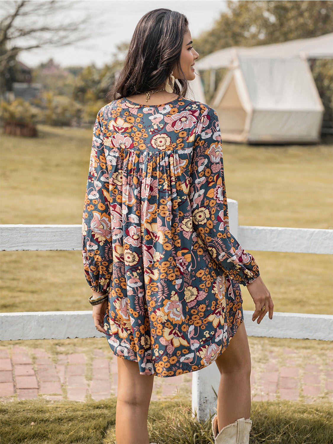 Beach Rose Co. - Floral Print Long Sleeve Mini Babydoll Dress