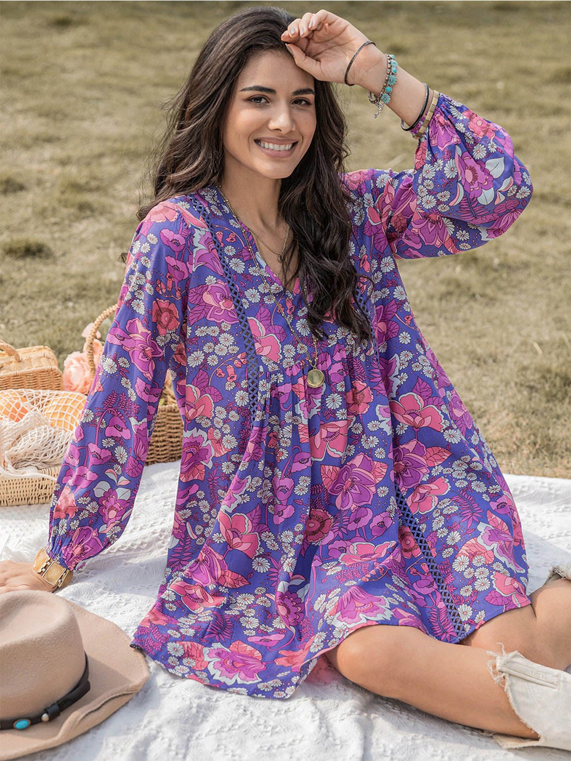 Beach Rose Co. - Floral Print Long Sleeve Mini Babydoll Dress