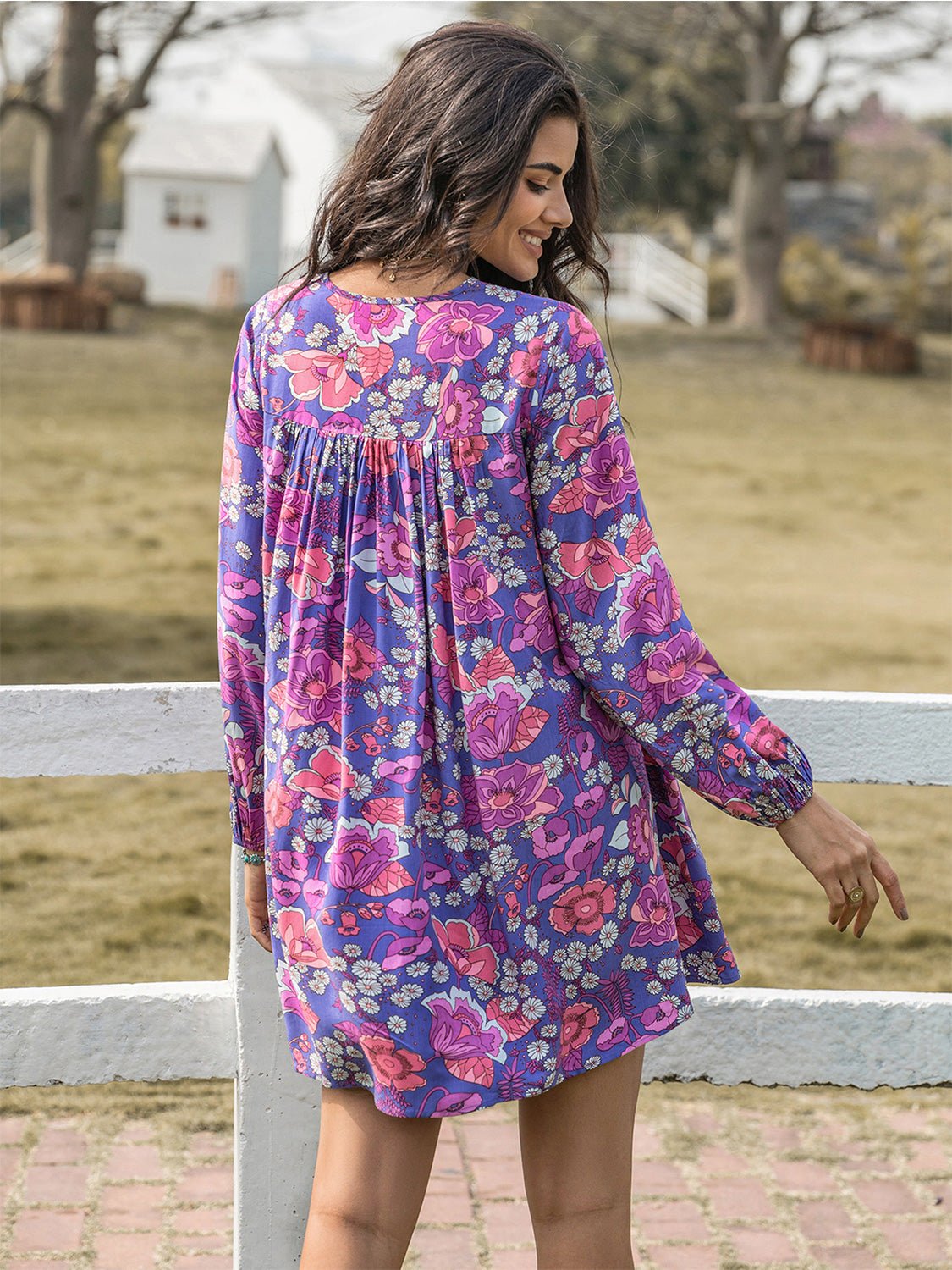 Beach Rose Co. - Floral Print Long Sleeve Mini Babydoll Dress