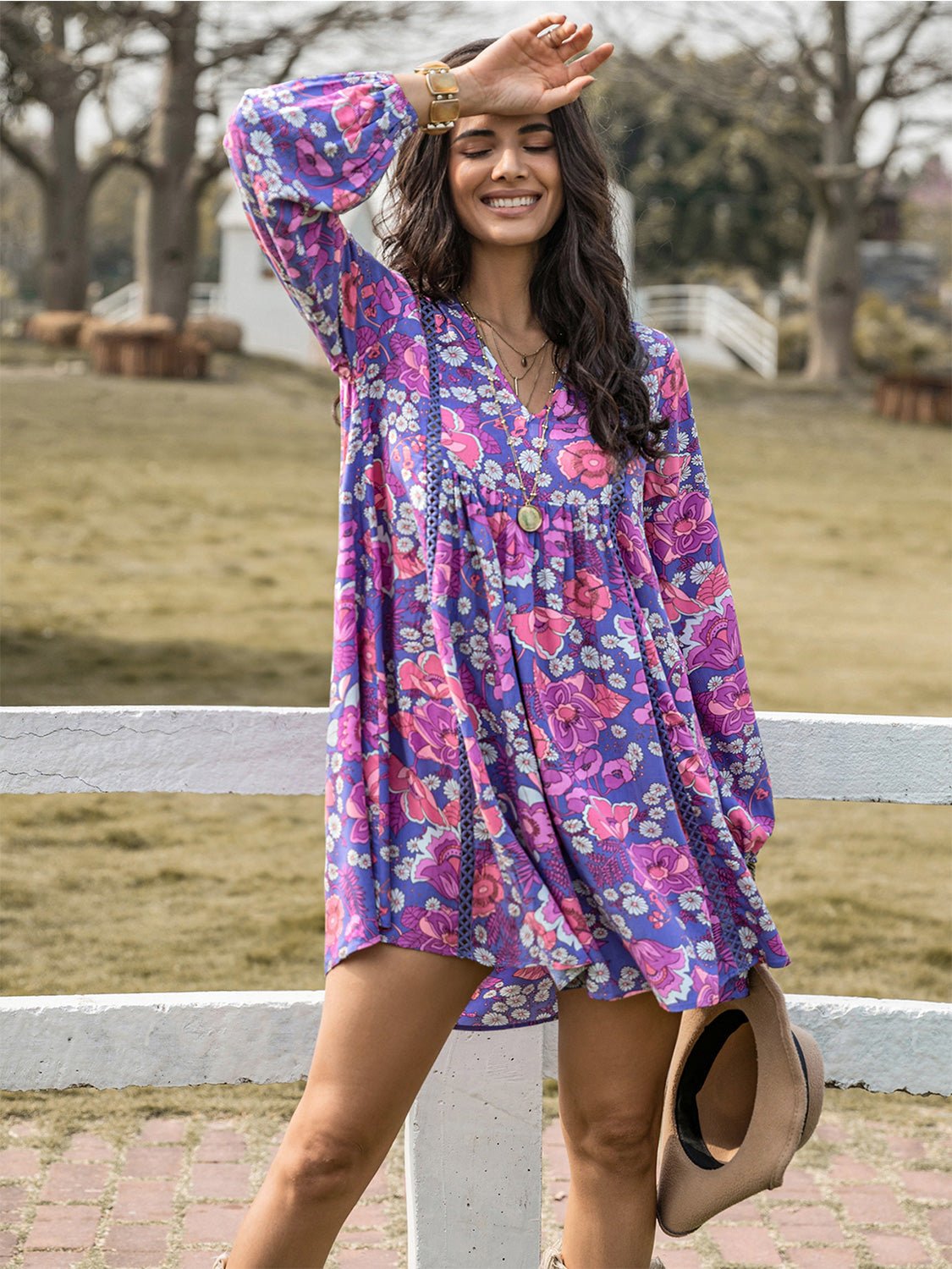 Beach Rose Co. - Floral Print Long Sleeve Mini Babydoll Dress