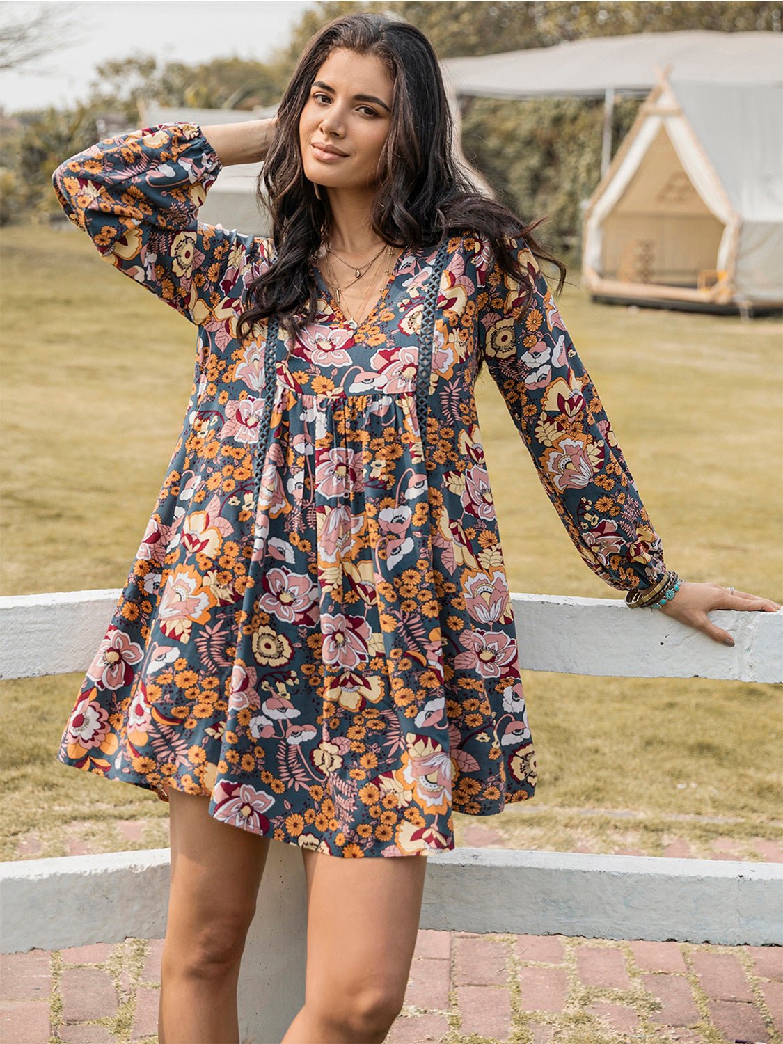 Beach Rose Co. - Floral Print Long Sleeve Mini Babydoll Dress