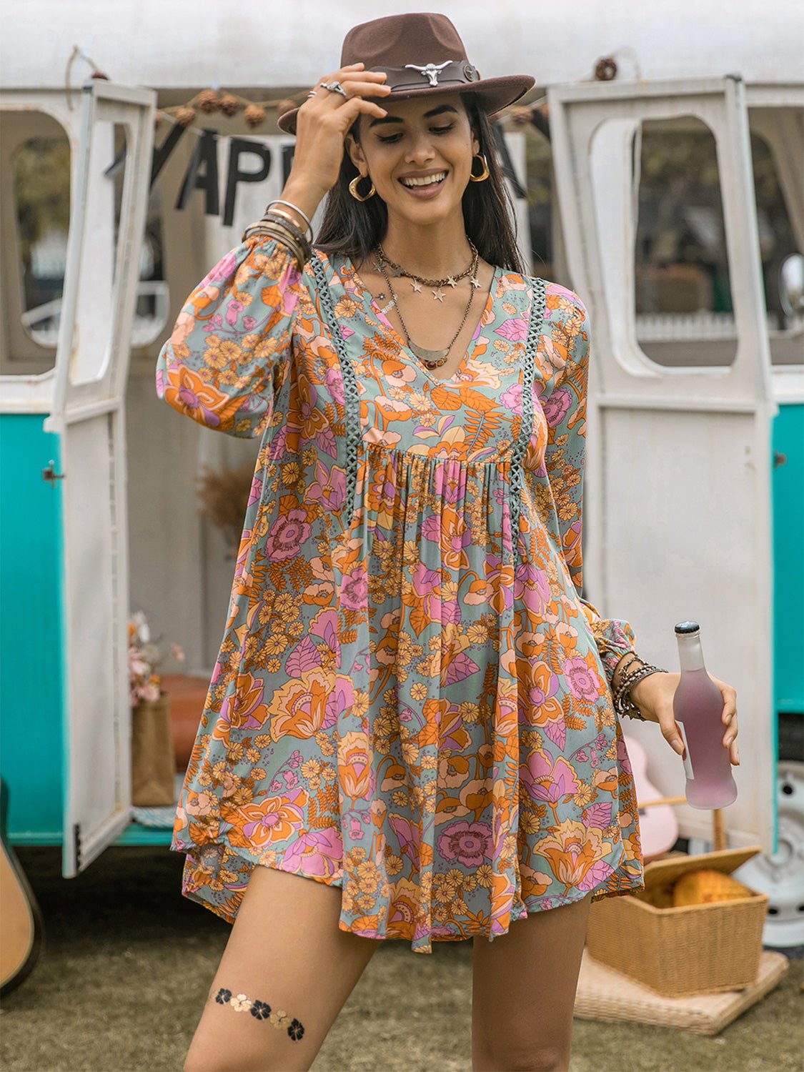 Beach Rose Co. - Floral Print Long Sleeve Mini Babydoll Dress