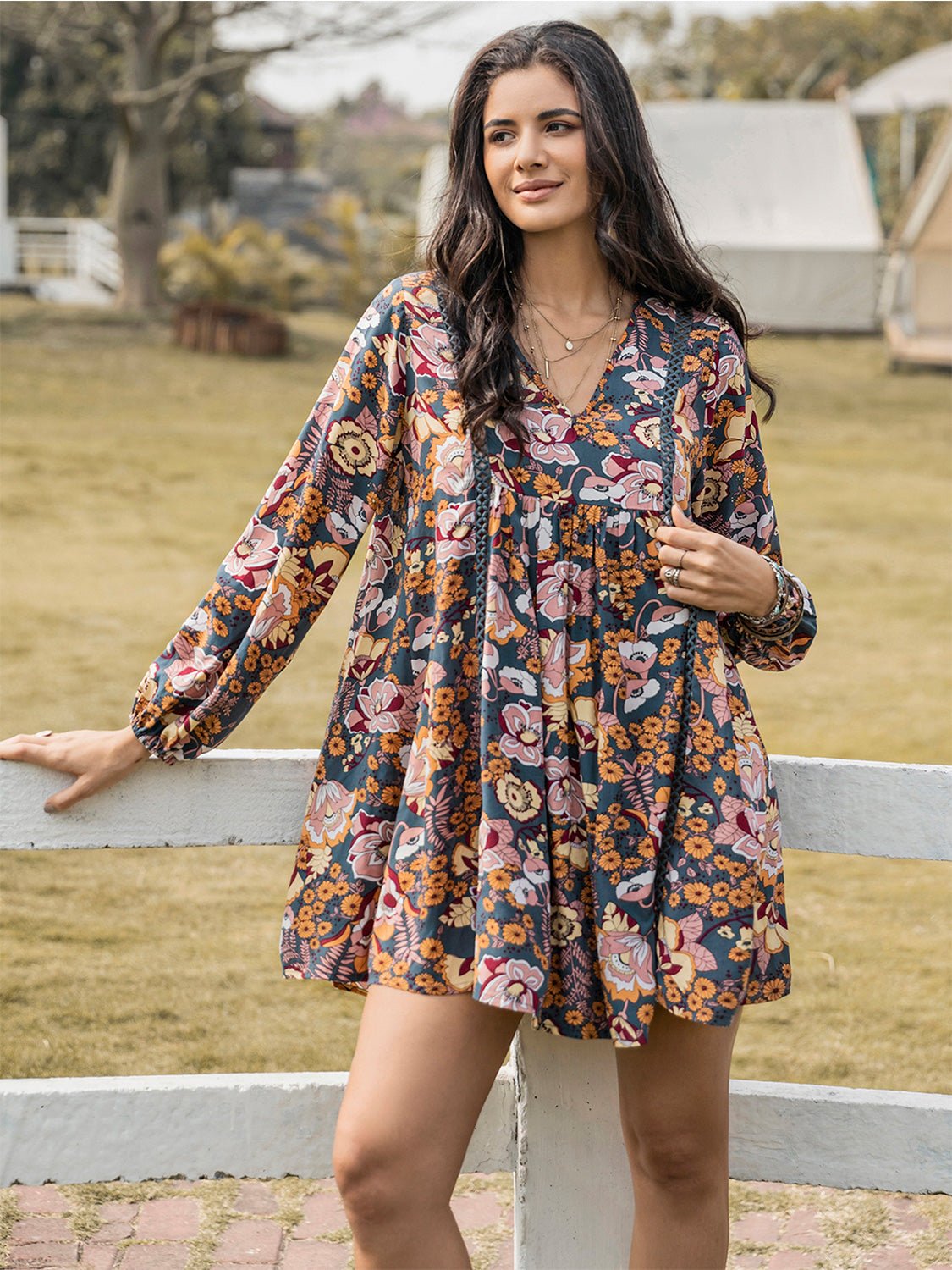 Beach Rose Co. - Floral Print Long Sleeve Mini Babydoll Dress