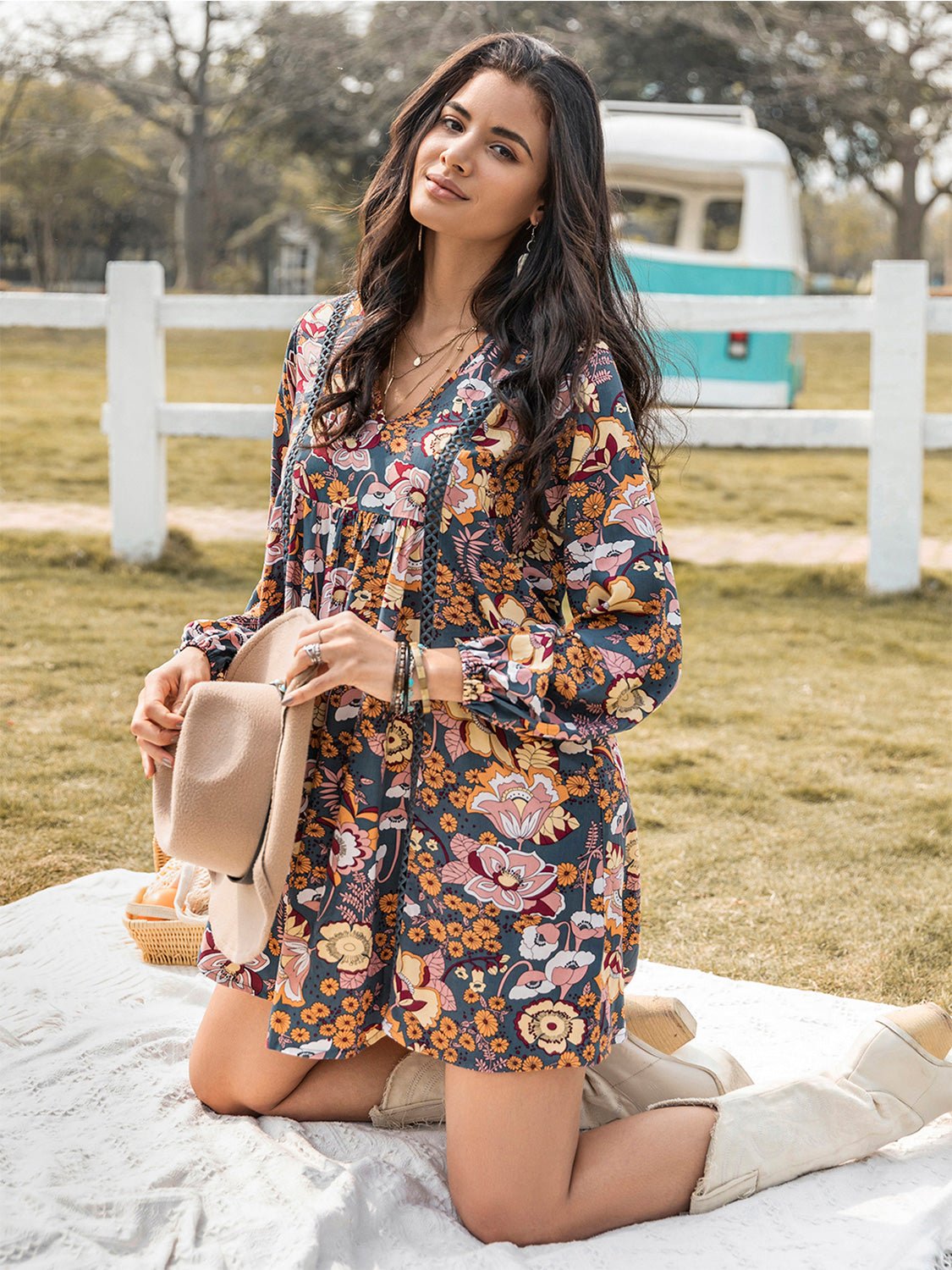 Beach Rose Co. - Floral Print Long Sleeve Mini Babydoll Dress