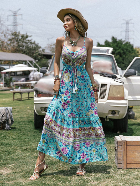 Beach Rose Co. - Floral Print Scoop Neck Sleeveless Maxi Dress in Mint Blue