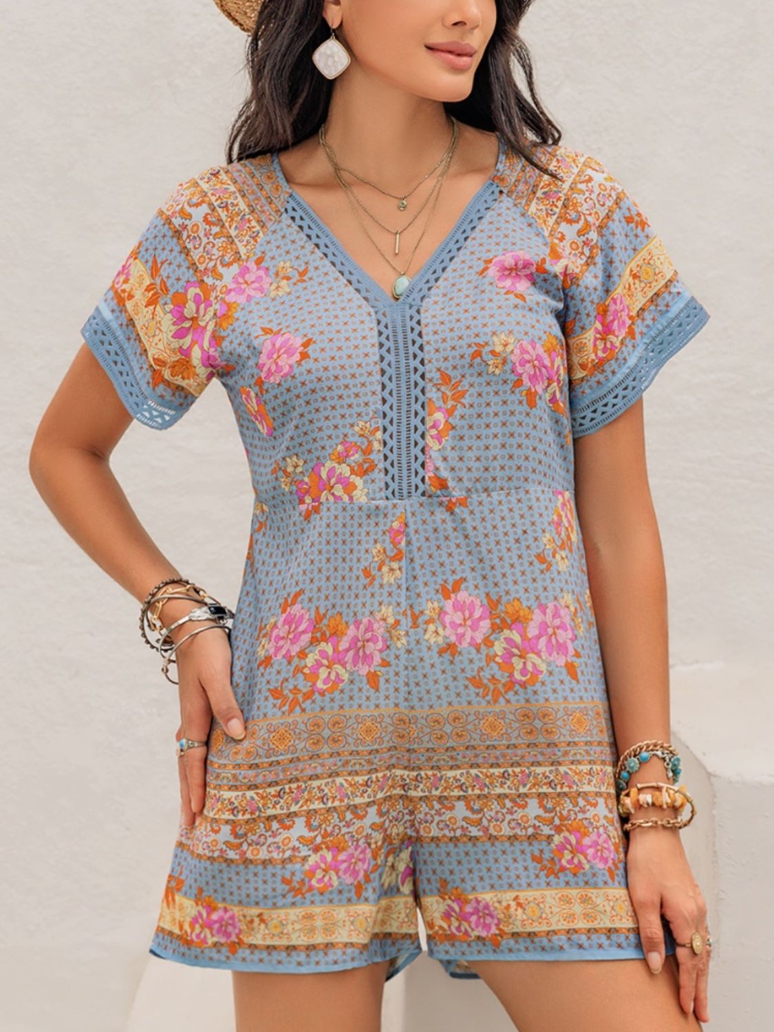 Beach Rose Co. - Floral Print V - Neck Short Sleeve Romper in Light Blue