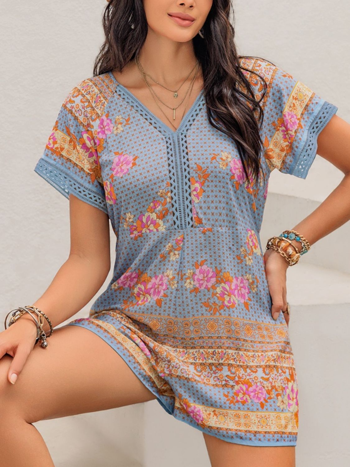 Beach Rose Co. - Floral Print V - Neck Short Sleeve Romper in Light Blue